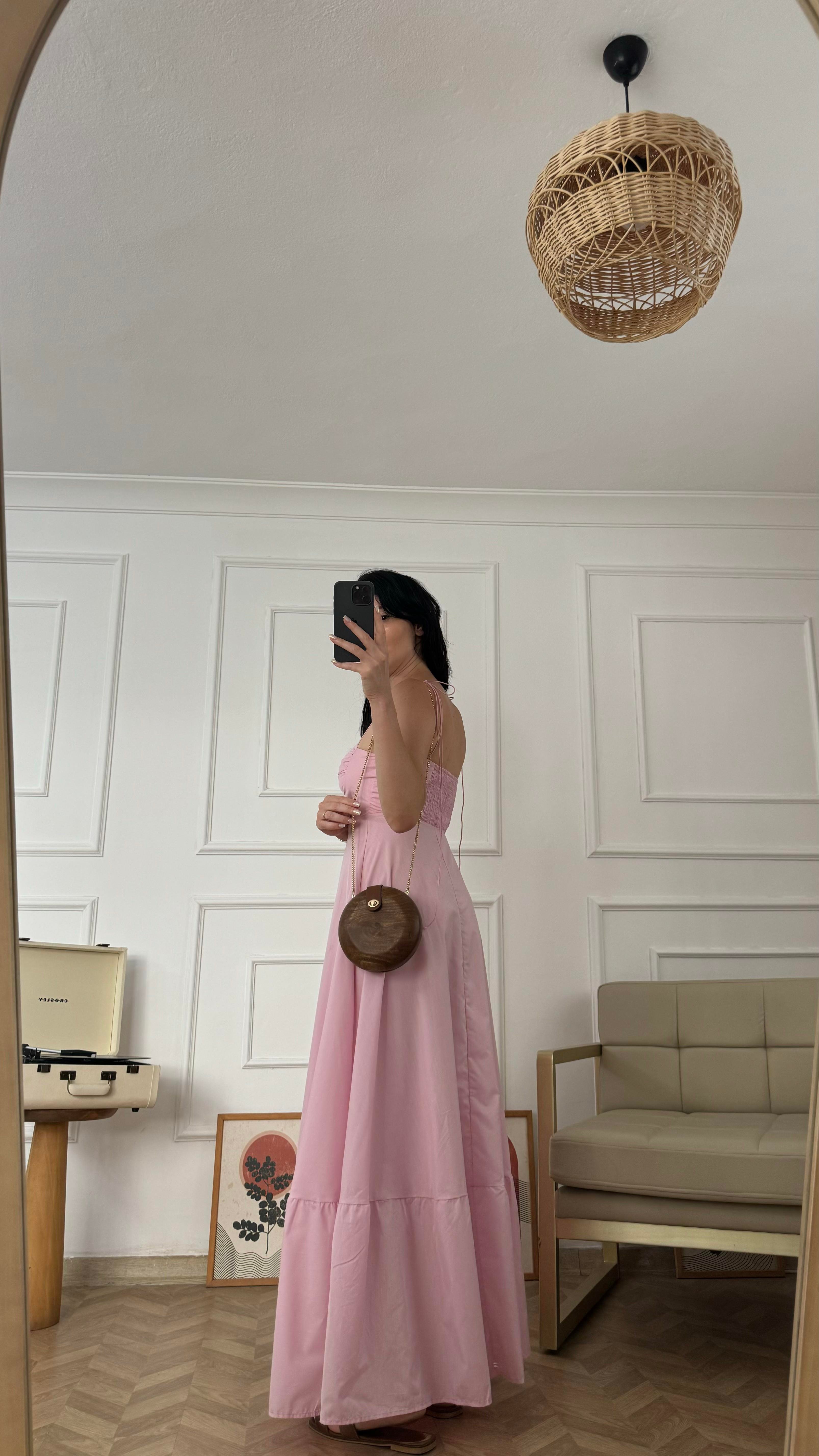 Uçuk Pembe İnce Askılı Elbise