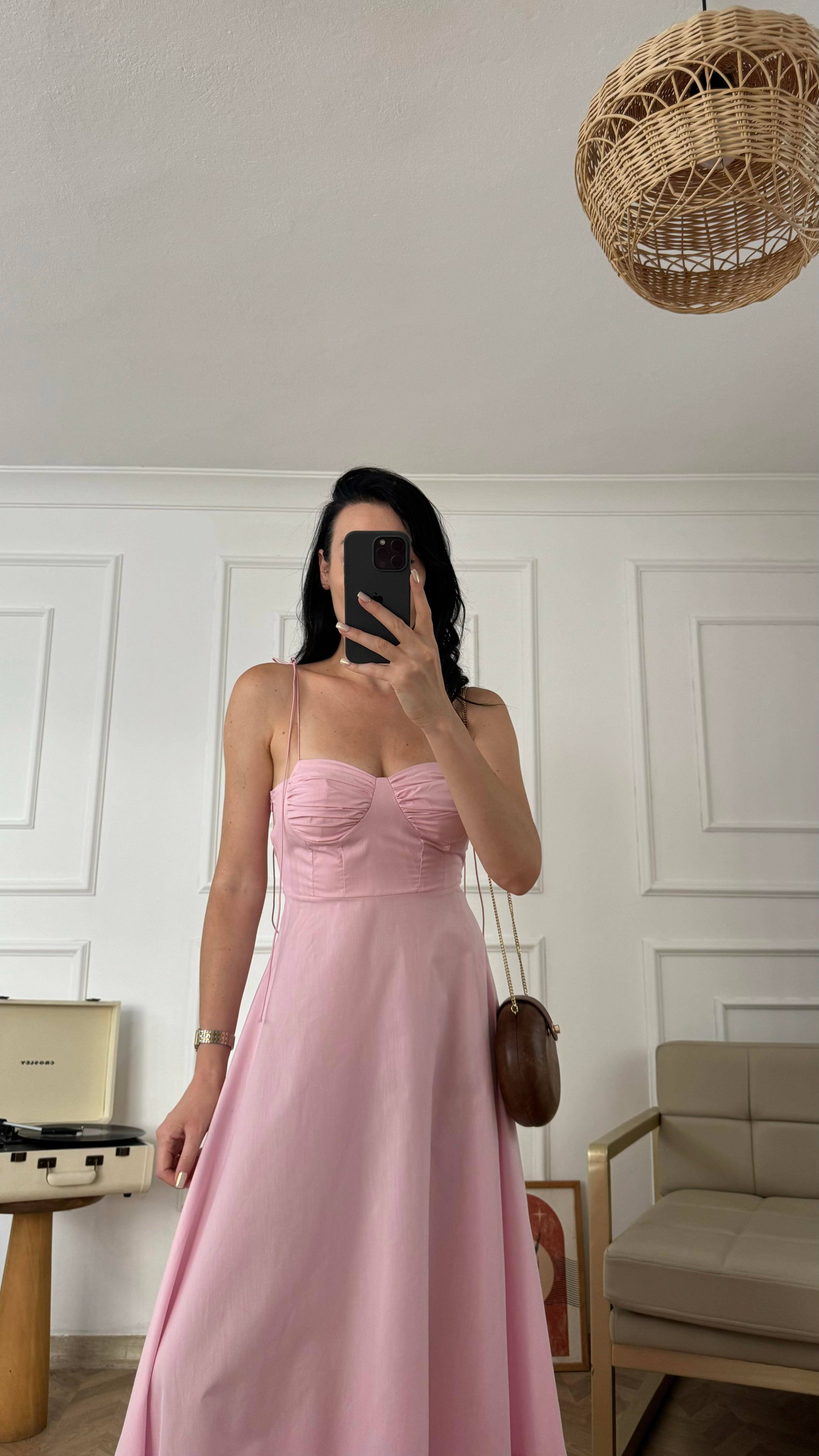 Uçuk Pembe İnce Askılı Elbise