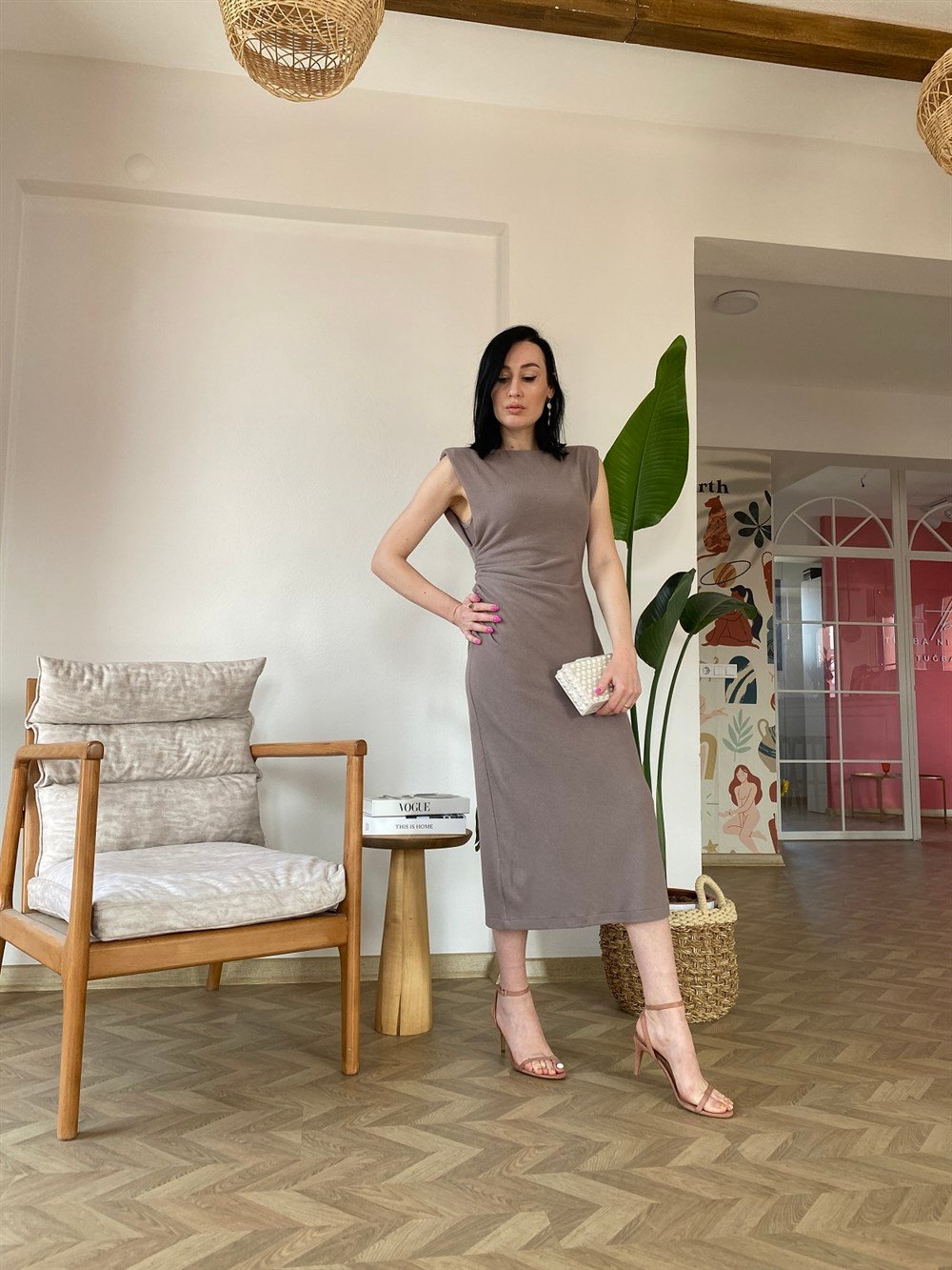 Vizon Renk Drape Detaylı Elbise