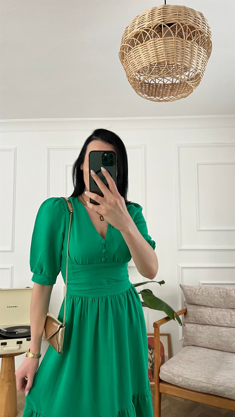 Yeşil Beli Drape Detaylı Keten Elbise