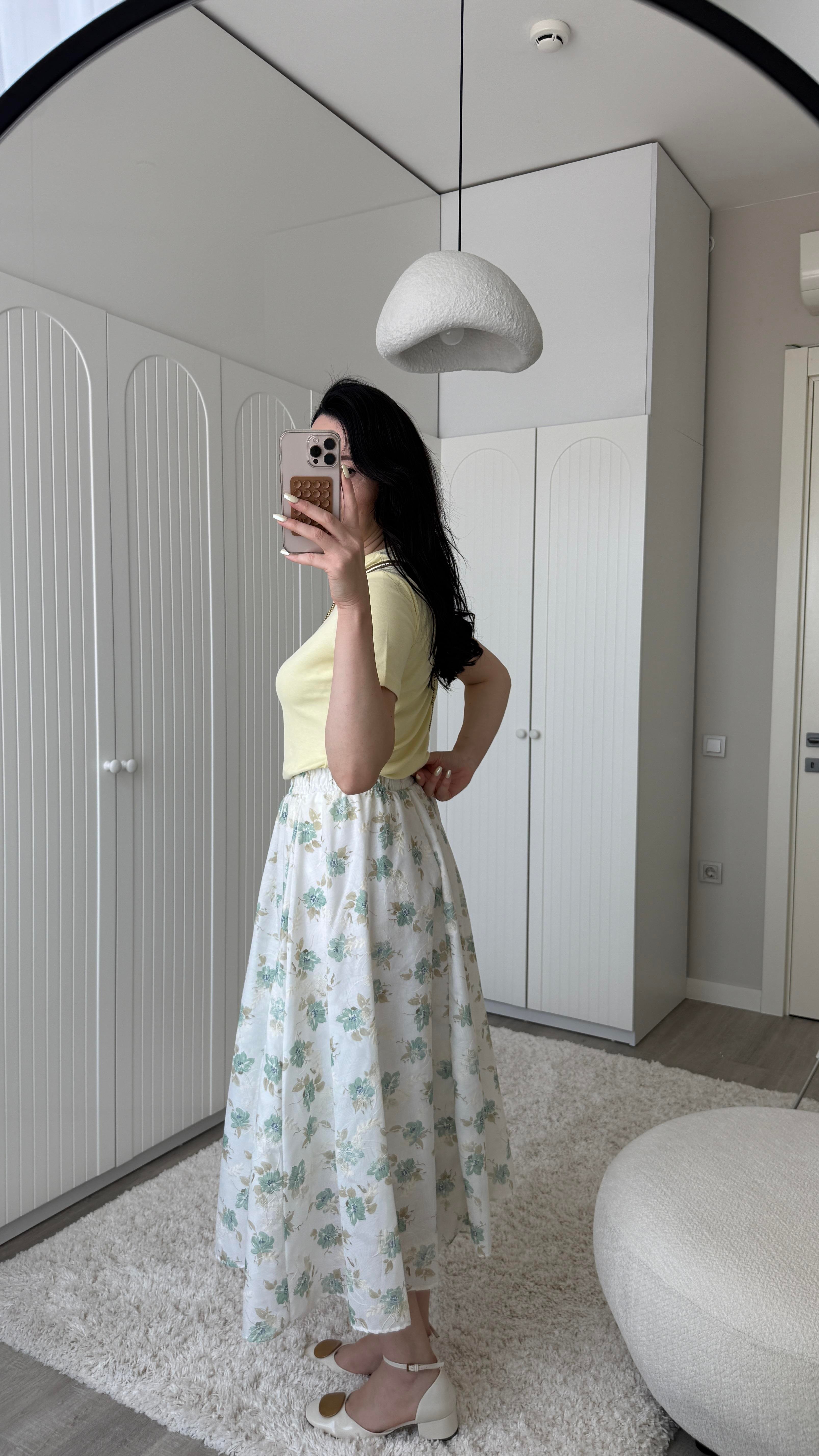 Yeşil Beyaz Çiçek Desen Etek