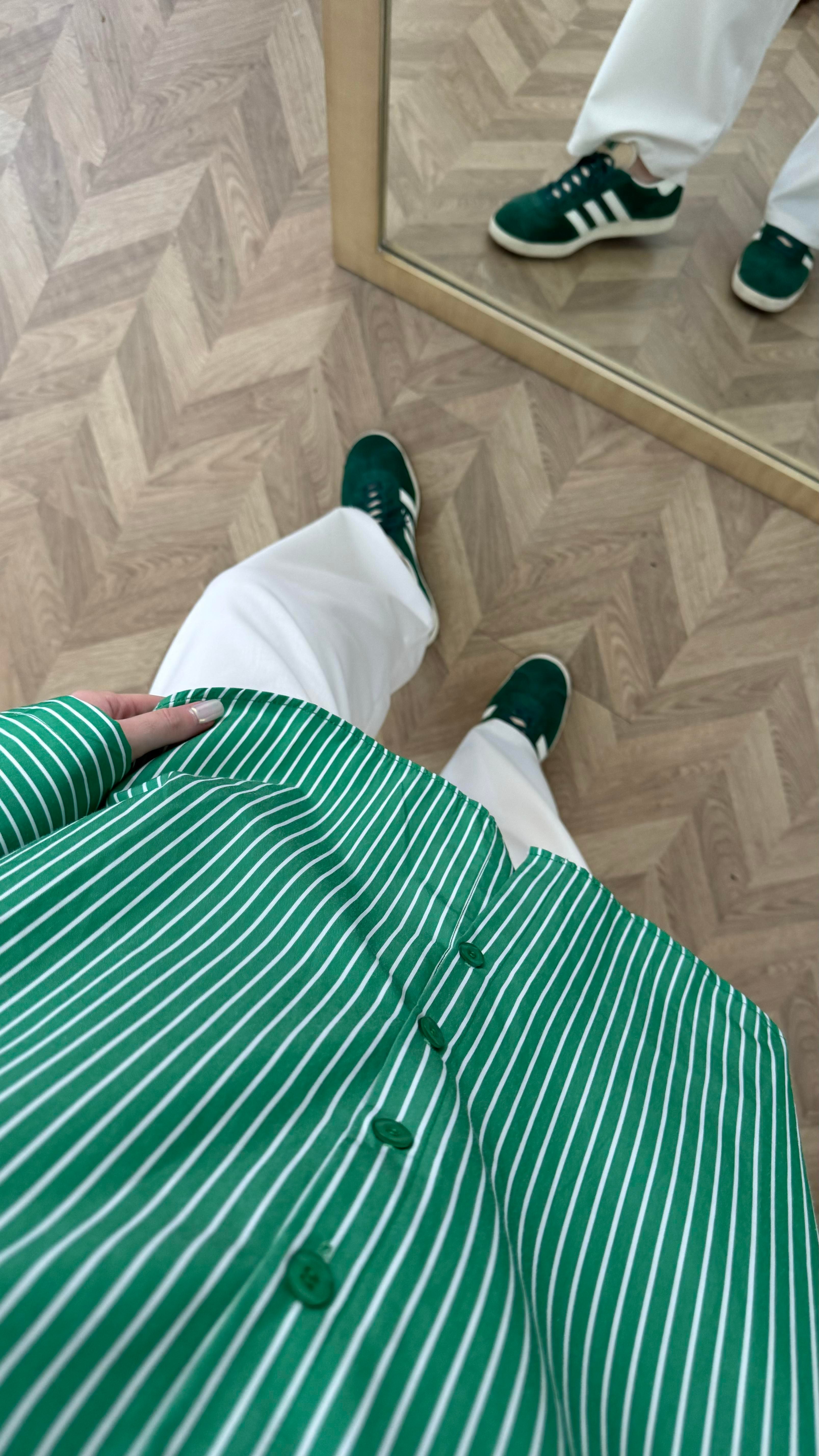 Yeşil Beyaz Çizgili Oversize Gömlek