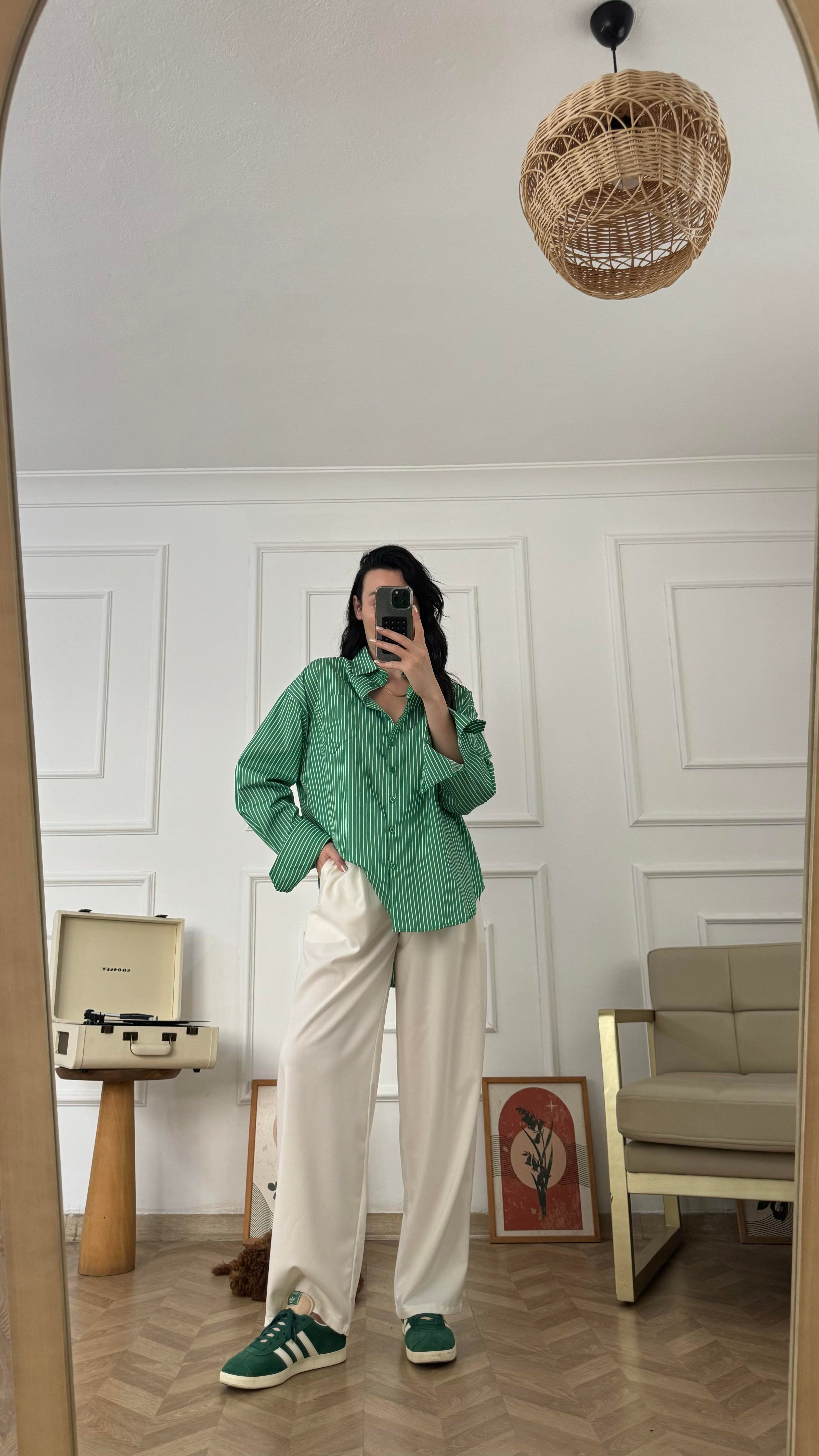 Yeşil Beyaz Çizgili Oversize Gömlek