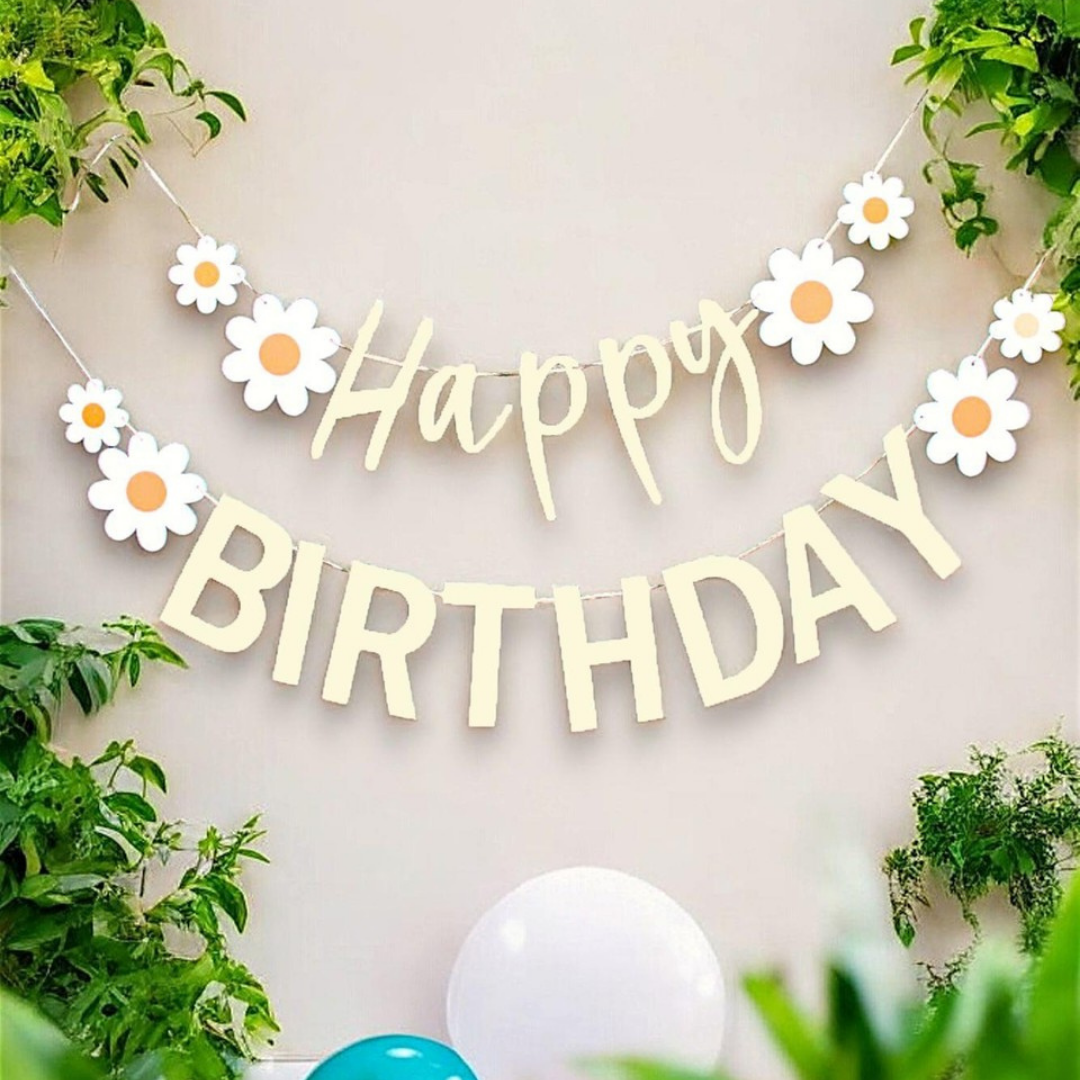 Beyaz Papatya Happy Birthday Banner 