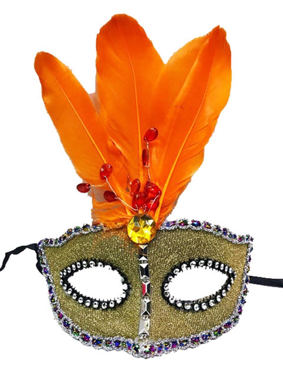 Ortası Tüylü Kırmızı Taşlı Gold Maske