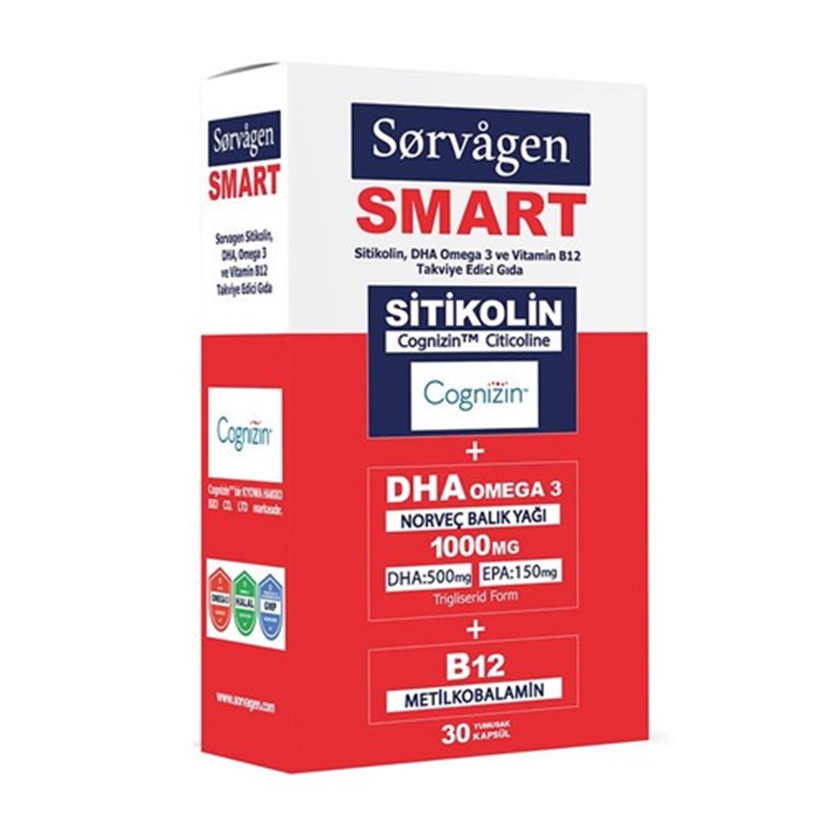 Sorvagen SMART 30 Kapsül ( Sitikolin DHA Omega 3 ve B12 İçeren Takviye Edici Gıda )
