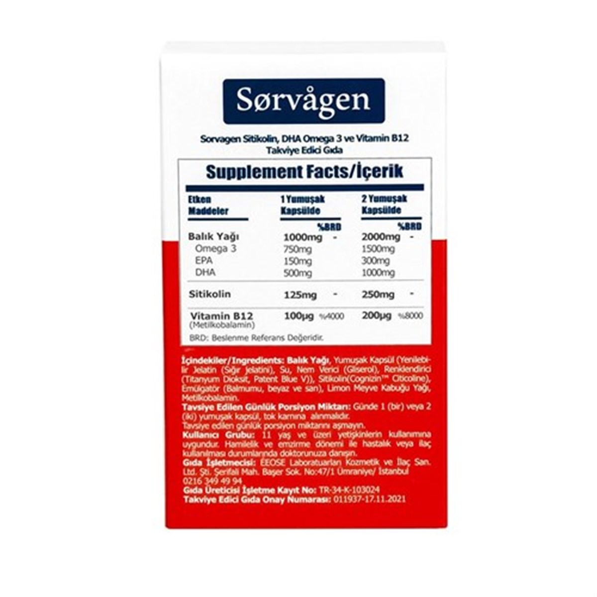 Sorvagen SMART 30 Kapsül ( Sitikolin DHA Omega 3 ve B12 İçeren Takviye Edici Gıda )