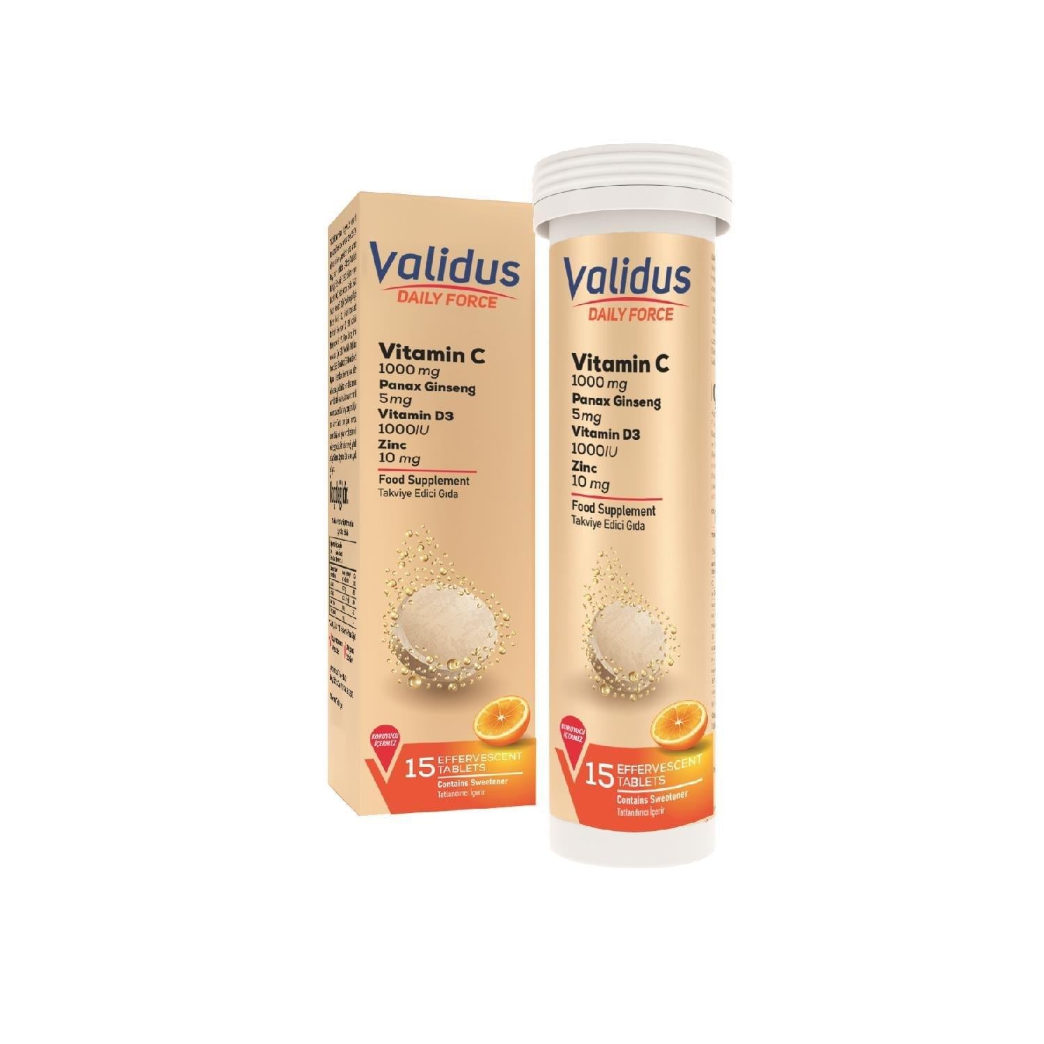Validus Daily Force C Vitamini 1000 mg + Panax + Ginseng 15 Efervesan Tablet-Validus