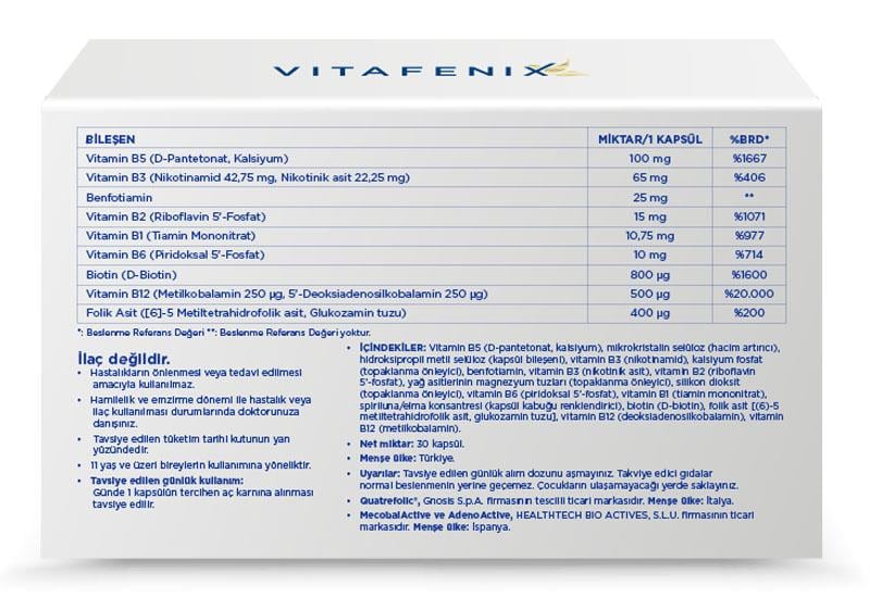 Vitafenix Aktif B Kompleks 30 Bitkisel Kapsül-Vitafenix