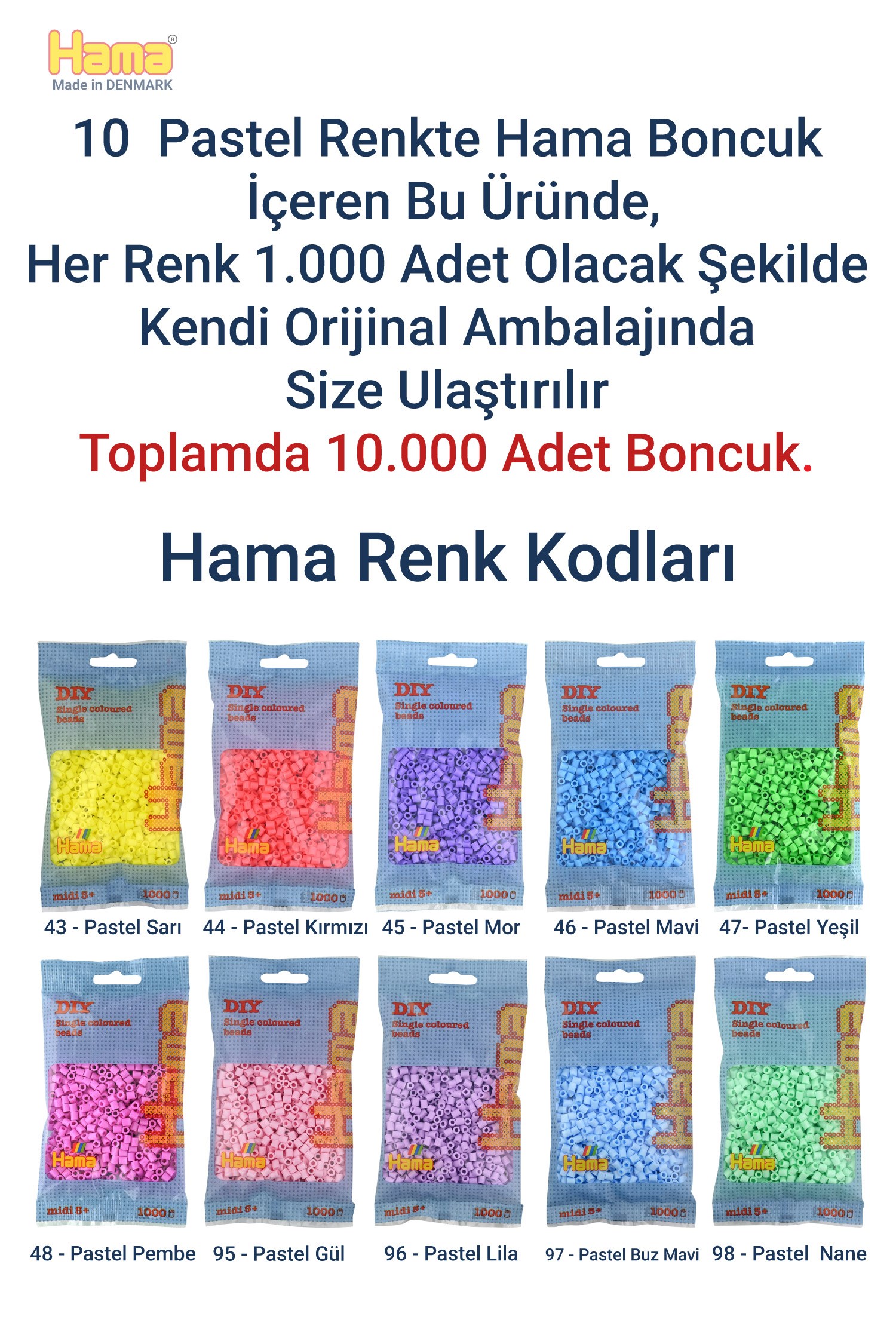 Hama Midi Boncuk 1000'lik - 10 Pastel Renk Seti