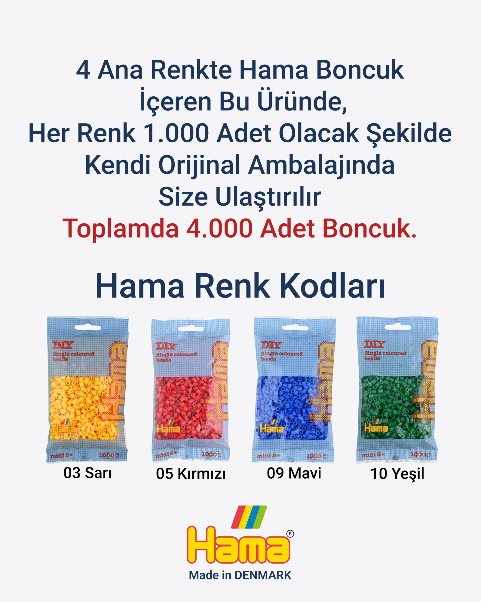 Hama Midi Boncuk 1000'lik - 4 Ana Renk (Sarı, Kırmızı, Mavi, Yeşil)