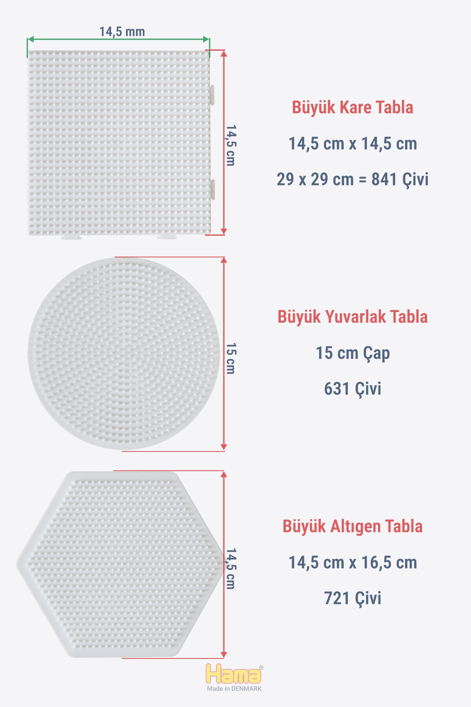Hama Midi Boncuk Dizme Tablası - 3 Büyük Temel Şekil Tabla Beyaz Renk