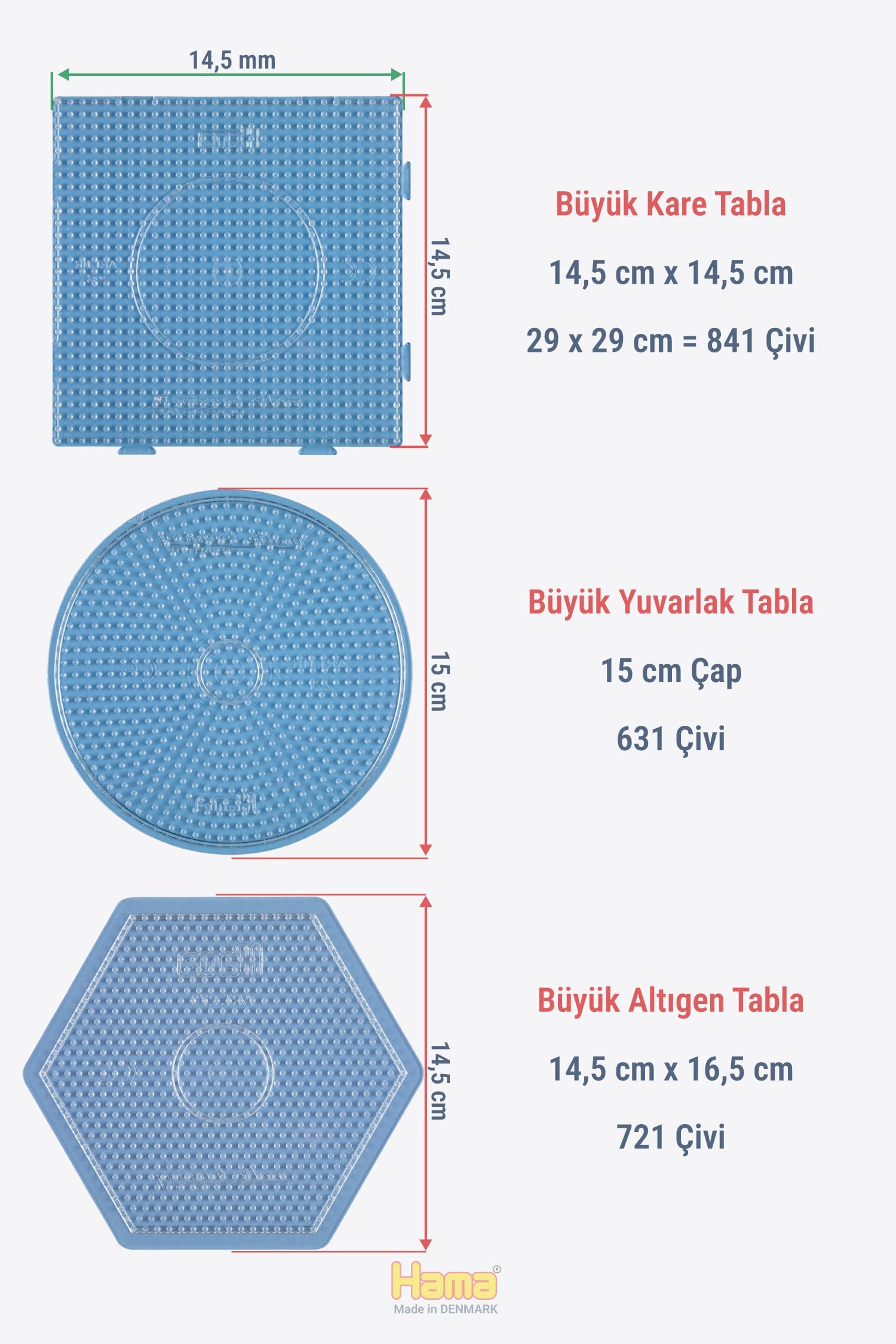 Hama Midi Boncuk Dizme Tablası - 3 Büyük Temel Şekil Tabla Şeffaf Renk