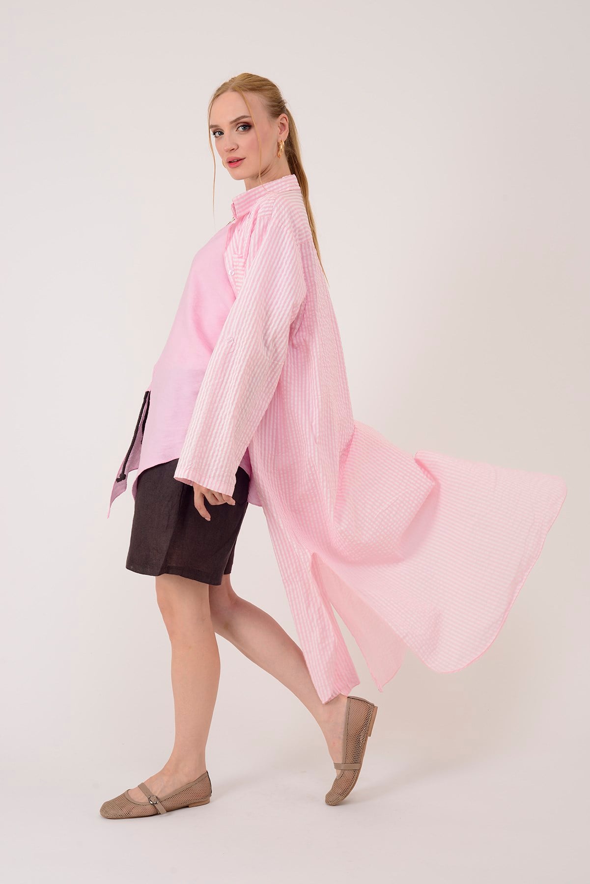 0166 LINE ÇİZGİLİ GÖMLEK ELBİSE