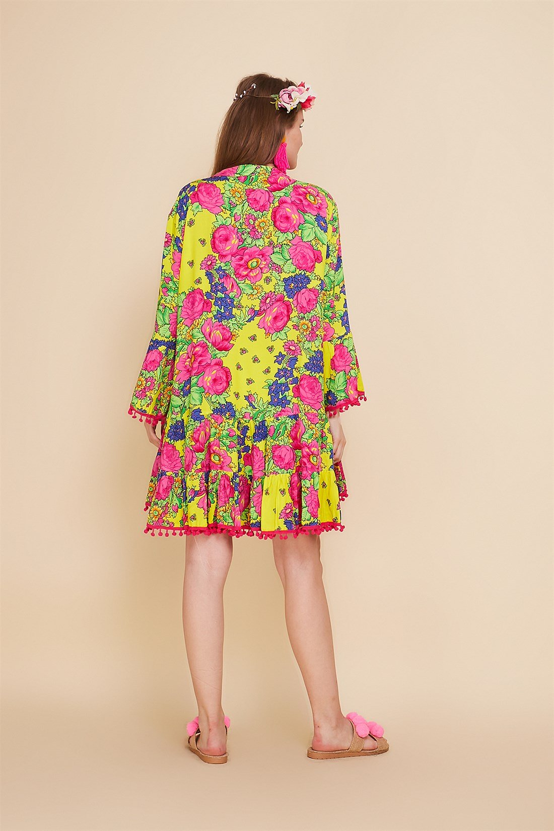 AN179 FLORAL DESEN BOHO KISA ELBİSE