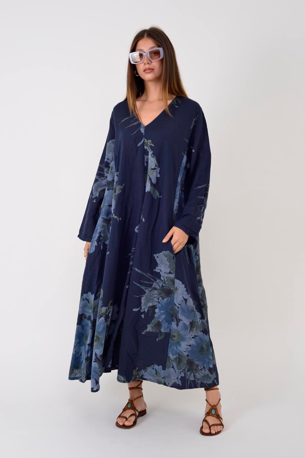 102181 LADI BATİK ÇİÇEK DESEN V YAKA KETEN ELBİSE