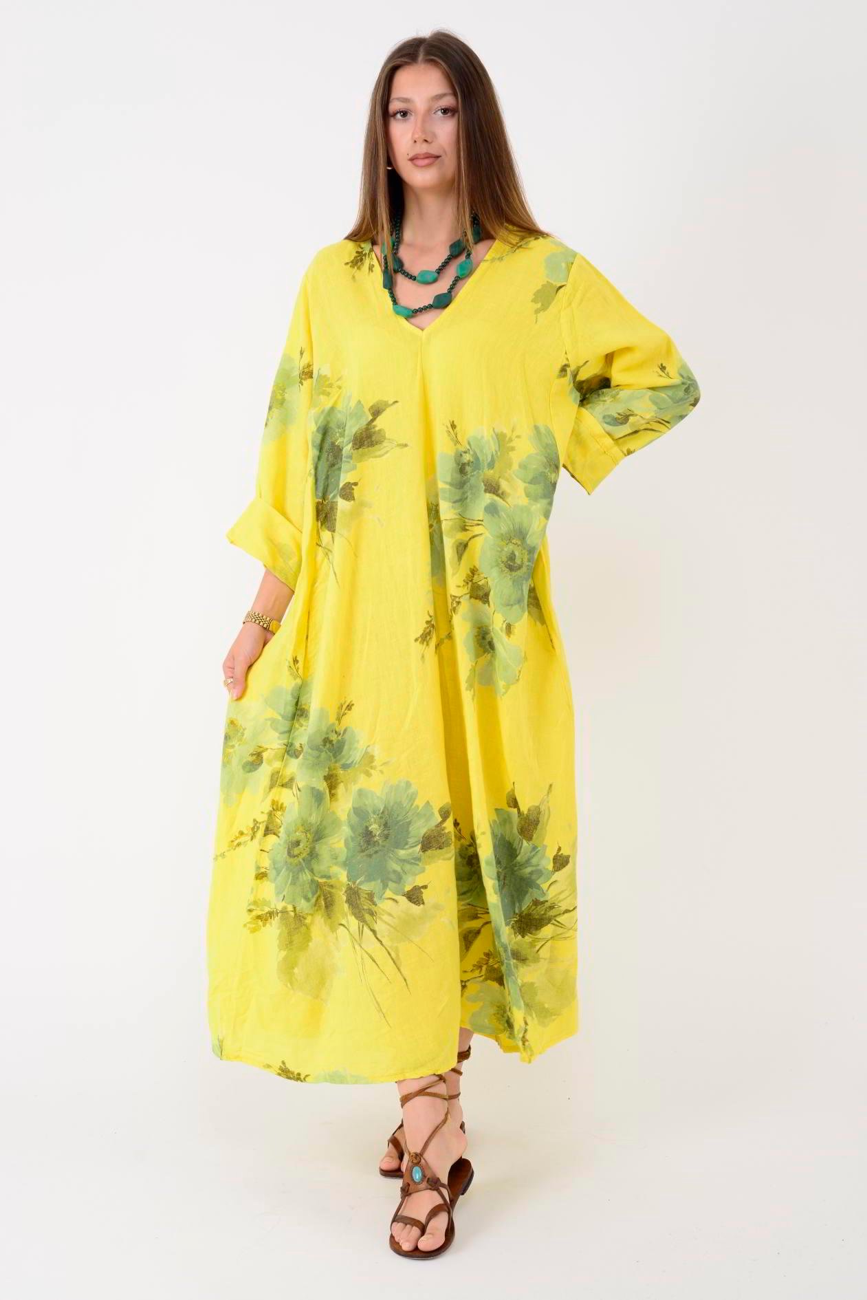 102181 LADI BATİK ÇİÇEK DESEN V YAKA KETEN ELBİSE