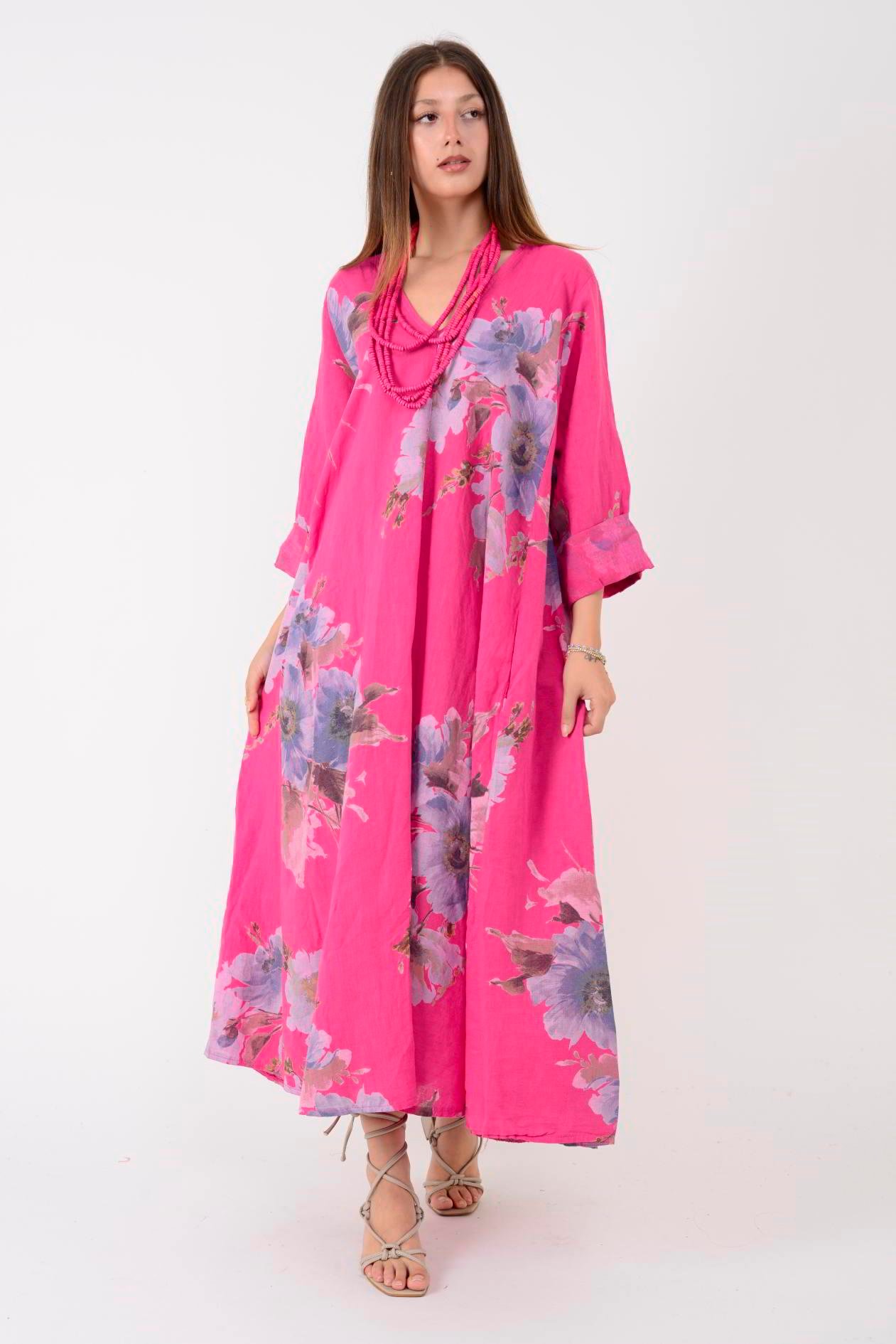 102181 LADI BATİK ÇİÇEK DESEN V YAKA KETEN ELBİSE