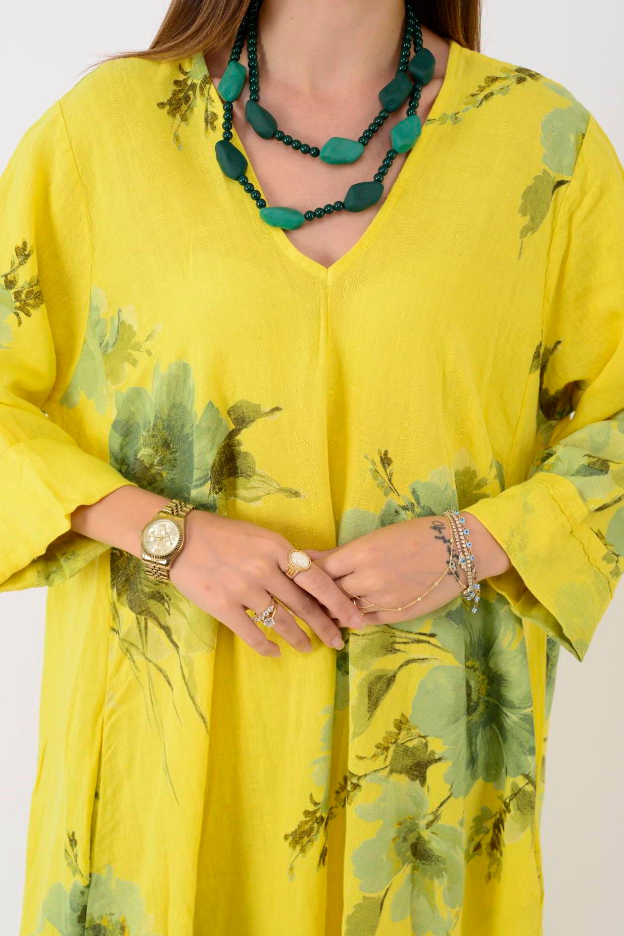 102181 LADI BATİK ÇİÇEK DESEN V YAKA KETEN ELBİSE