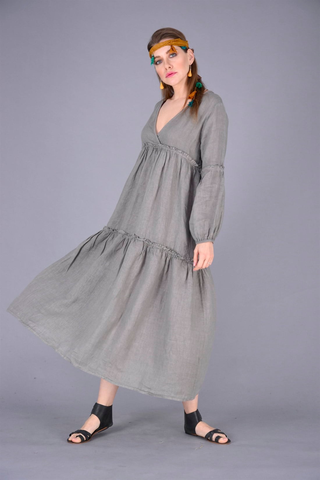 10387 LALA V YAKA KAT KAT  KETEN ELBİSE