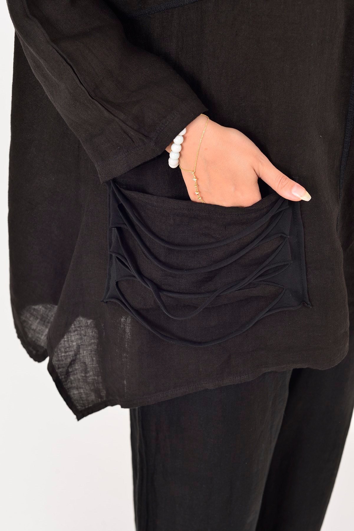10563 YIRTIK CEP DETAYLI ASİMETRİK KETEN BLUZ