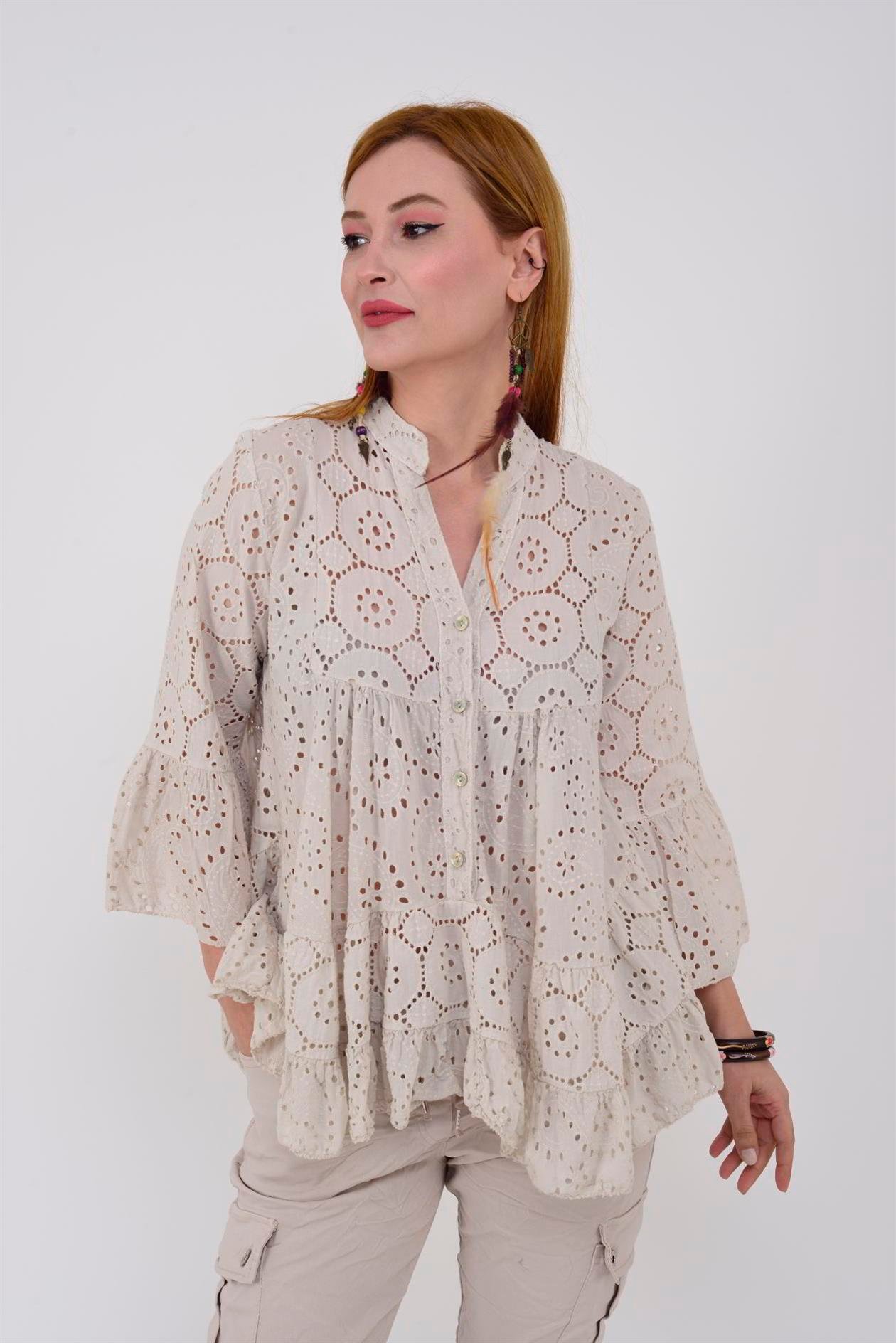 10695 TROMPET DETAYLI KETEN FİSTO BLUZ