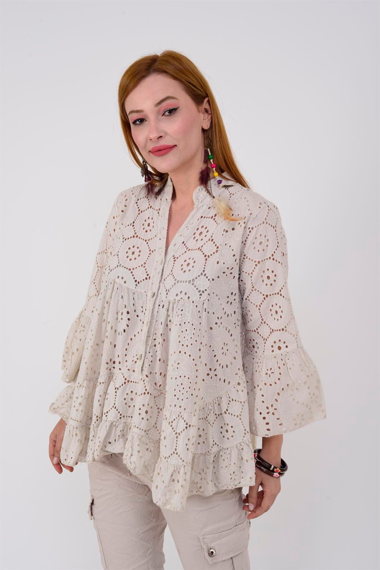 10695 TROMPET DETAYLI KETEN FİSTO BLUZ