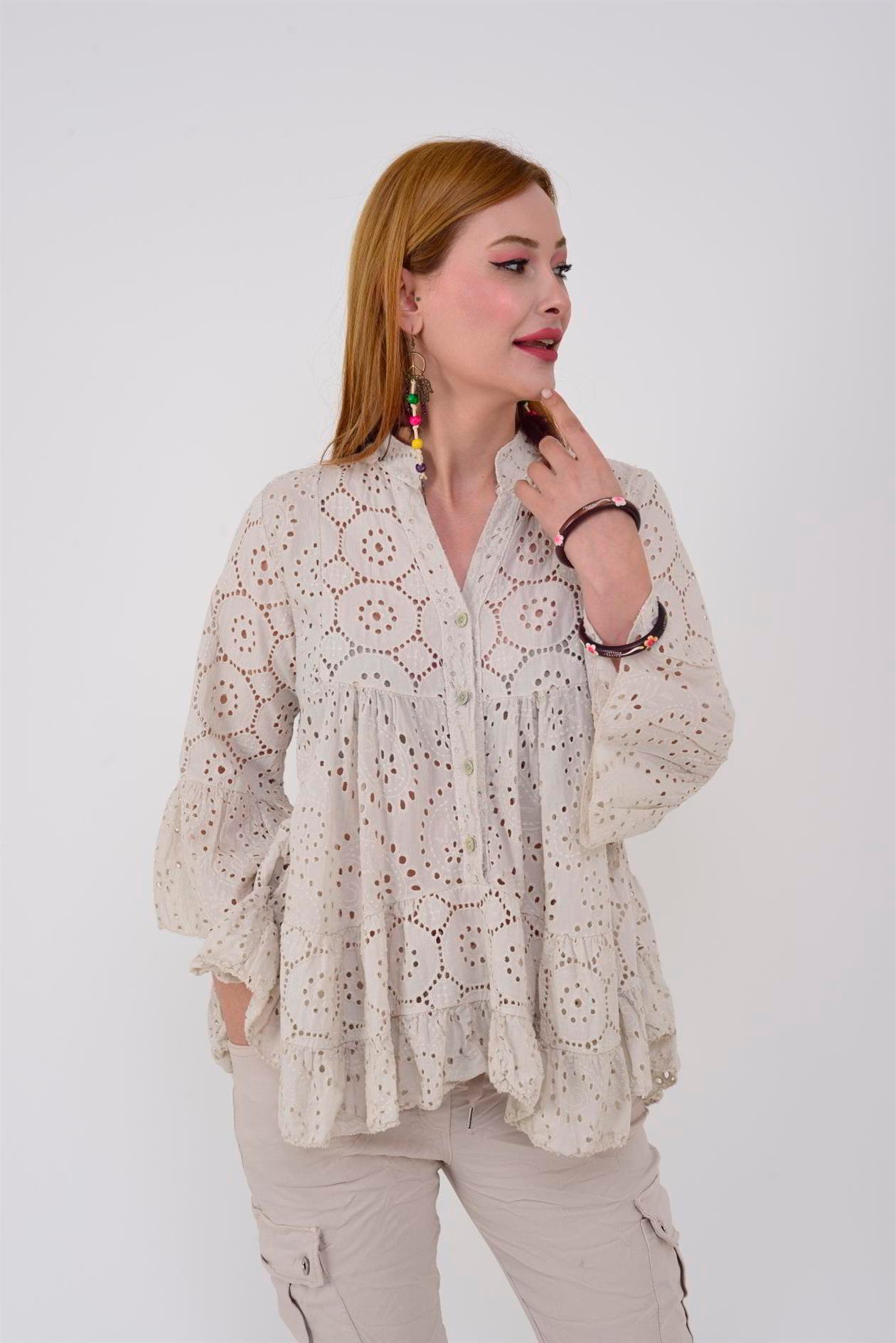 10695 TROMPET DETAYLI KETEN FİSTO BLUZ
