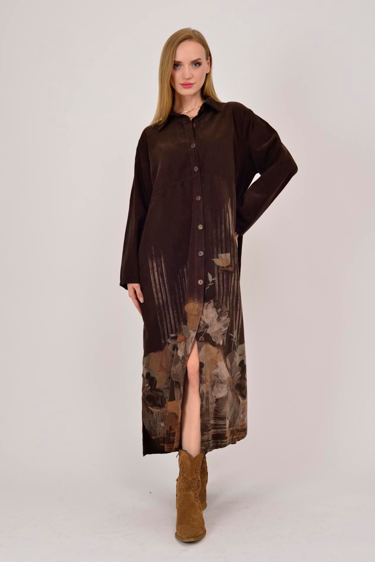 10974 LOVA ÇİÇEK DESENLİ FİTİLLİ GÖMLEK ELBİSE