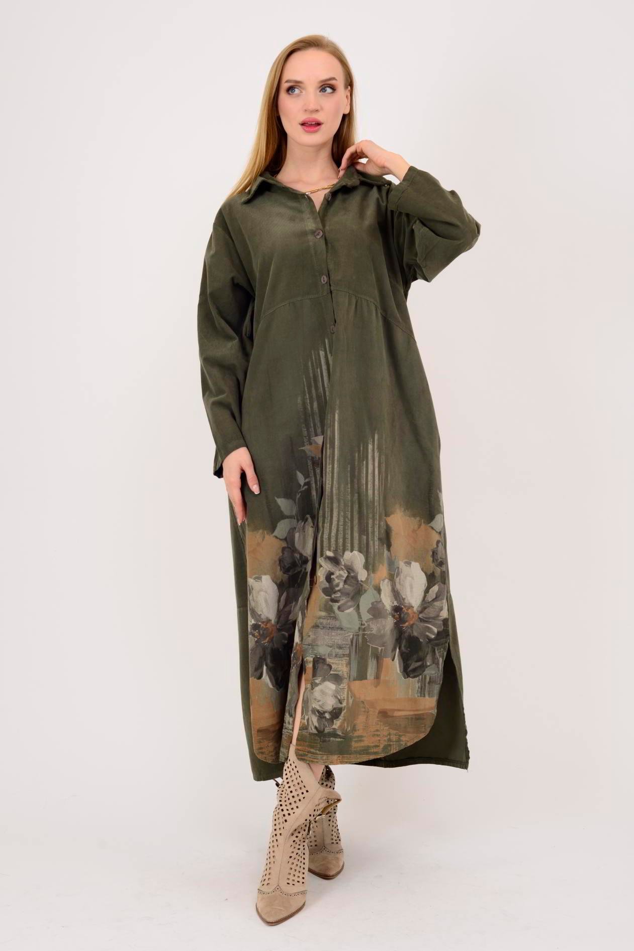 10974 LOVA ÇİÇEK DESENLİ FİTİLLİ GÖMLEK ELBİSE