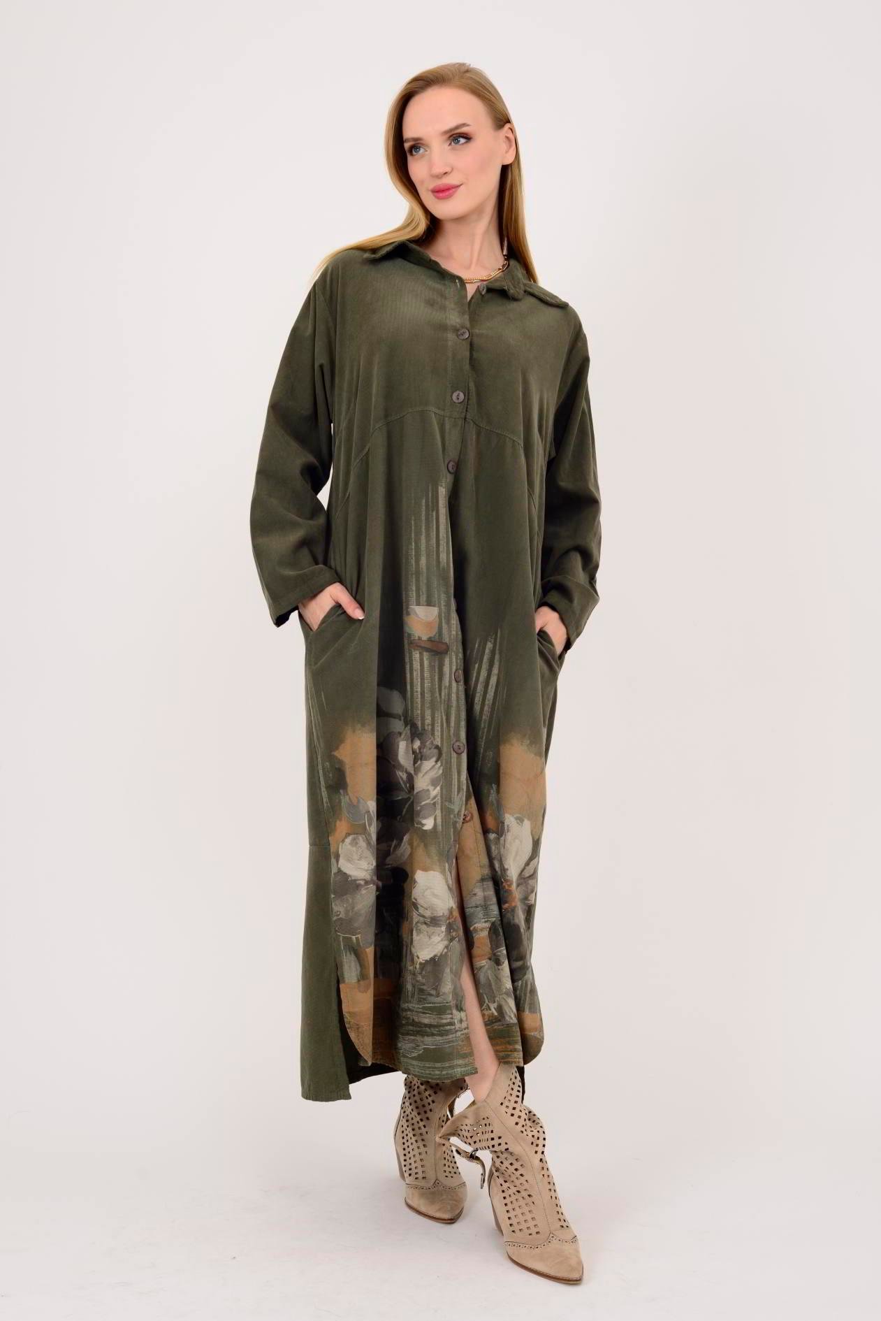 10974 LOVA ÇİÇEK DESENLİ FİTİLLİ GÖMLEK ELBİSE