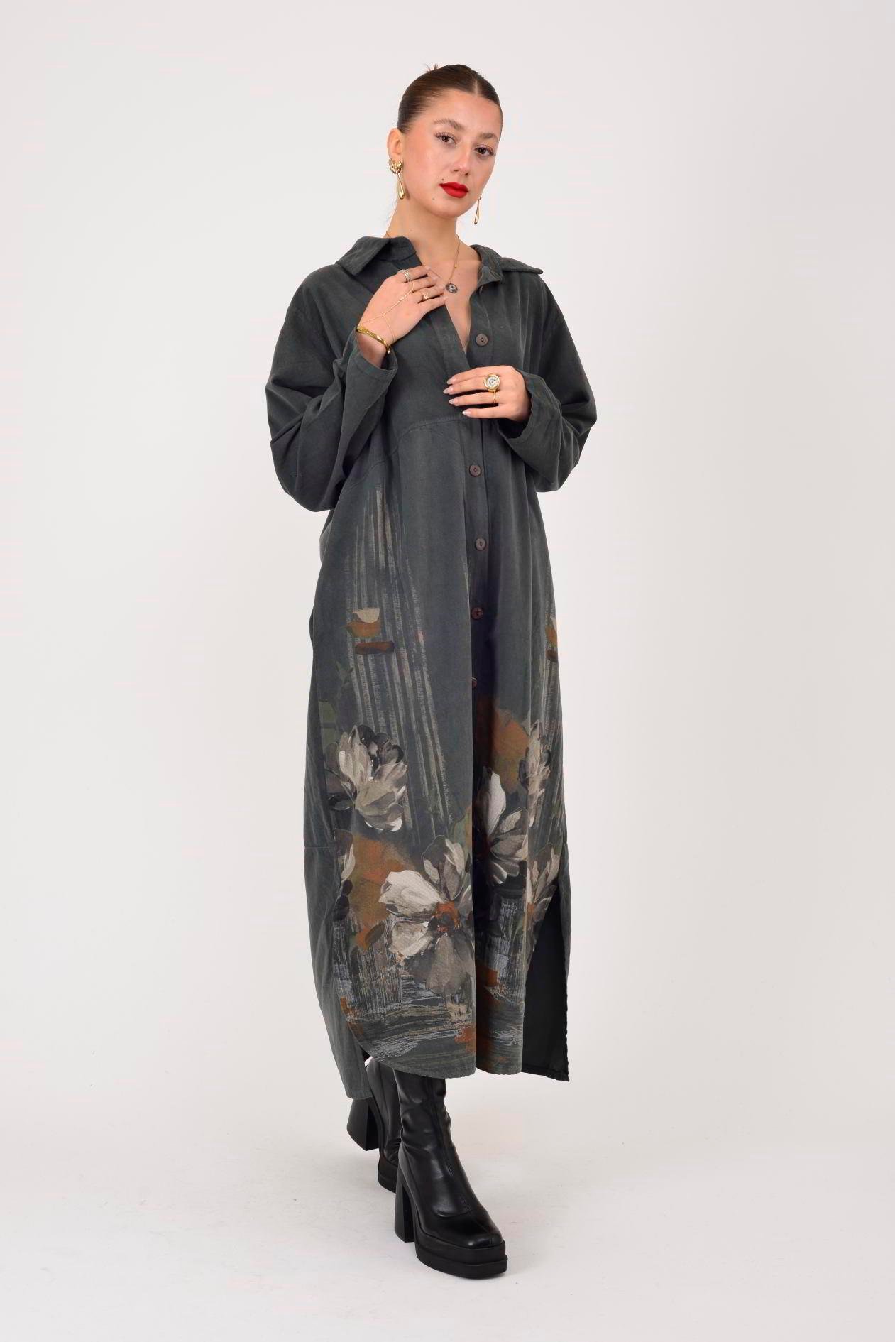 10974 LOVA ÇİÇEK DESENLİ FİTİLLİ GÖMLEK ELBİSE