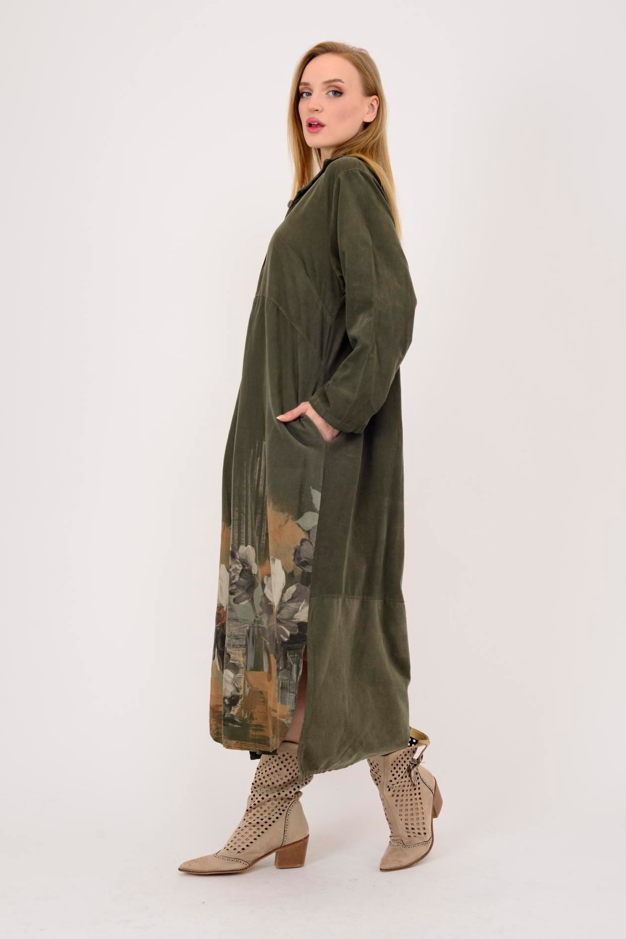 10974 LOVA ÇİÇEK DESENLİ FİTİLLİ GÖMLEK ELBİSE