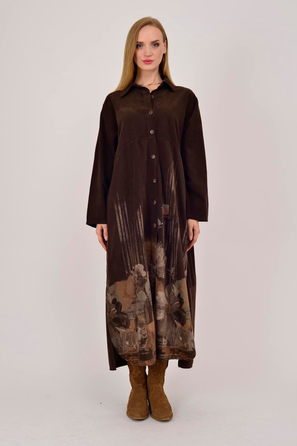 10974 LOVA ÇİÇEK DESENLİ FİTİLLİ GÖMLEK ELBİSE