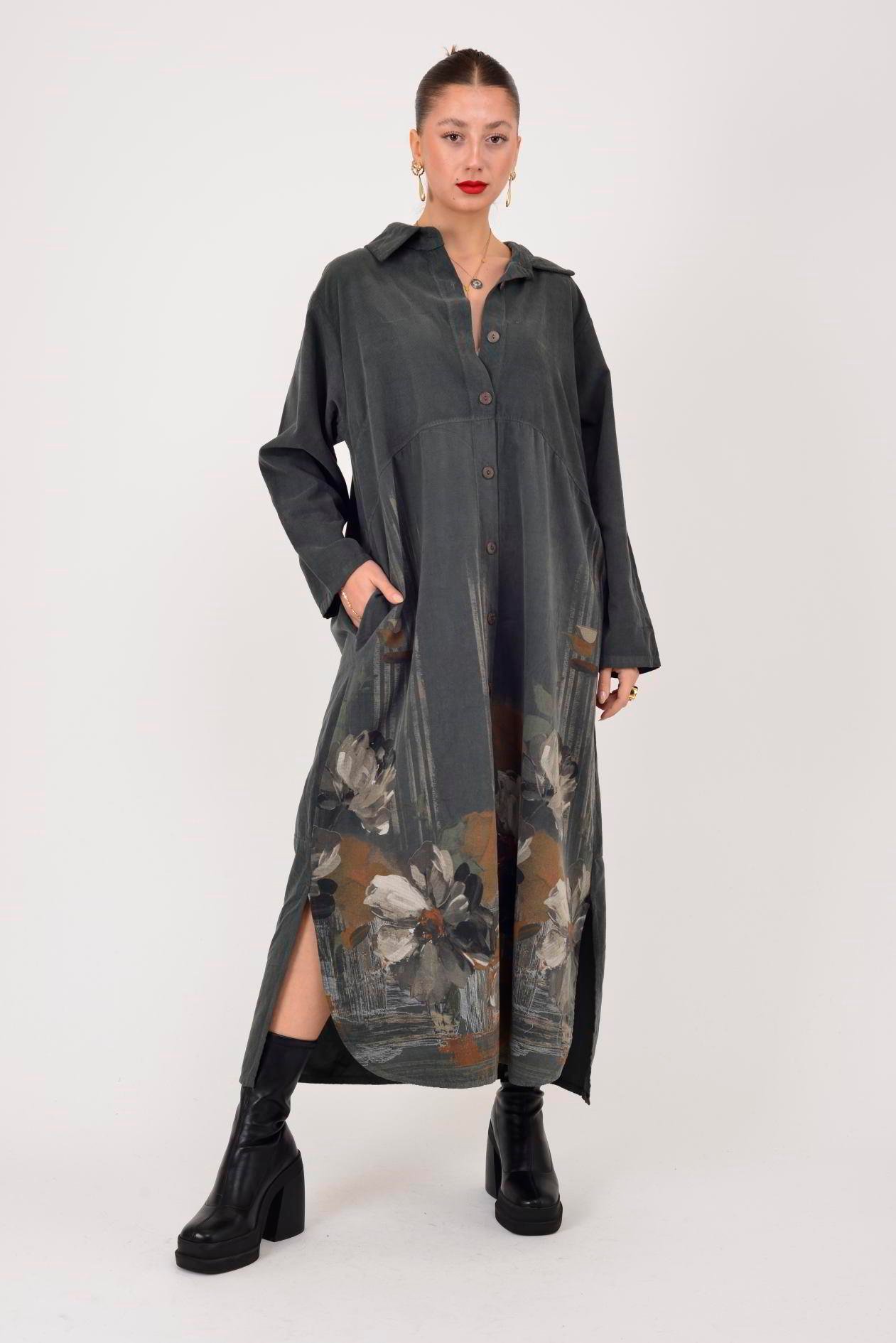 10974 LOVA ÇİÇEK DESENLİ FİTİLLİ GÖMLEK ELBİSE