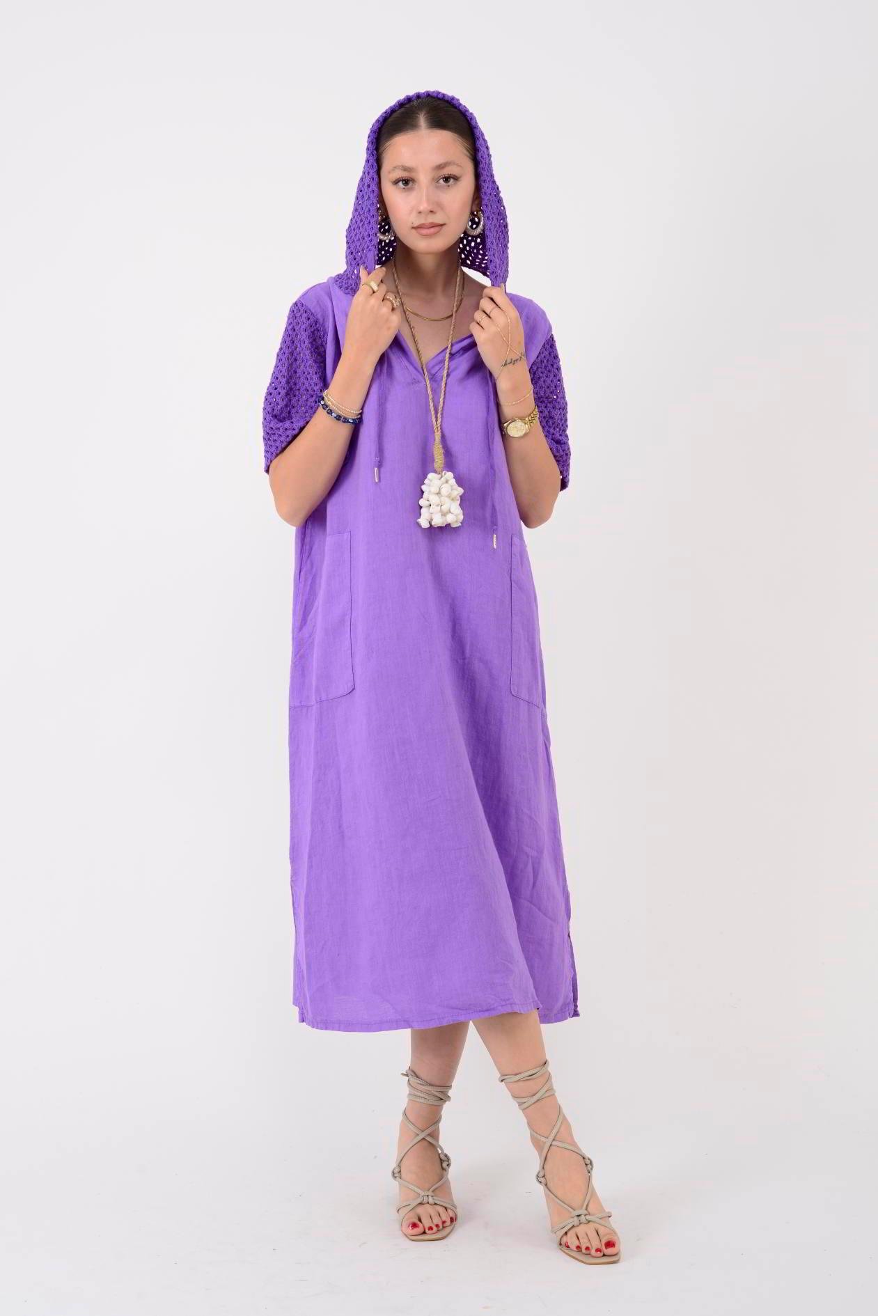 11201 LOVA AJURLU KAPÜŞON DETAYLI KETEN ELBİSE