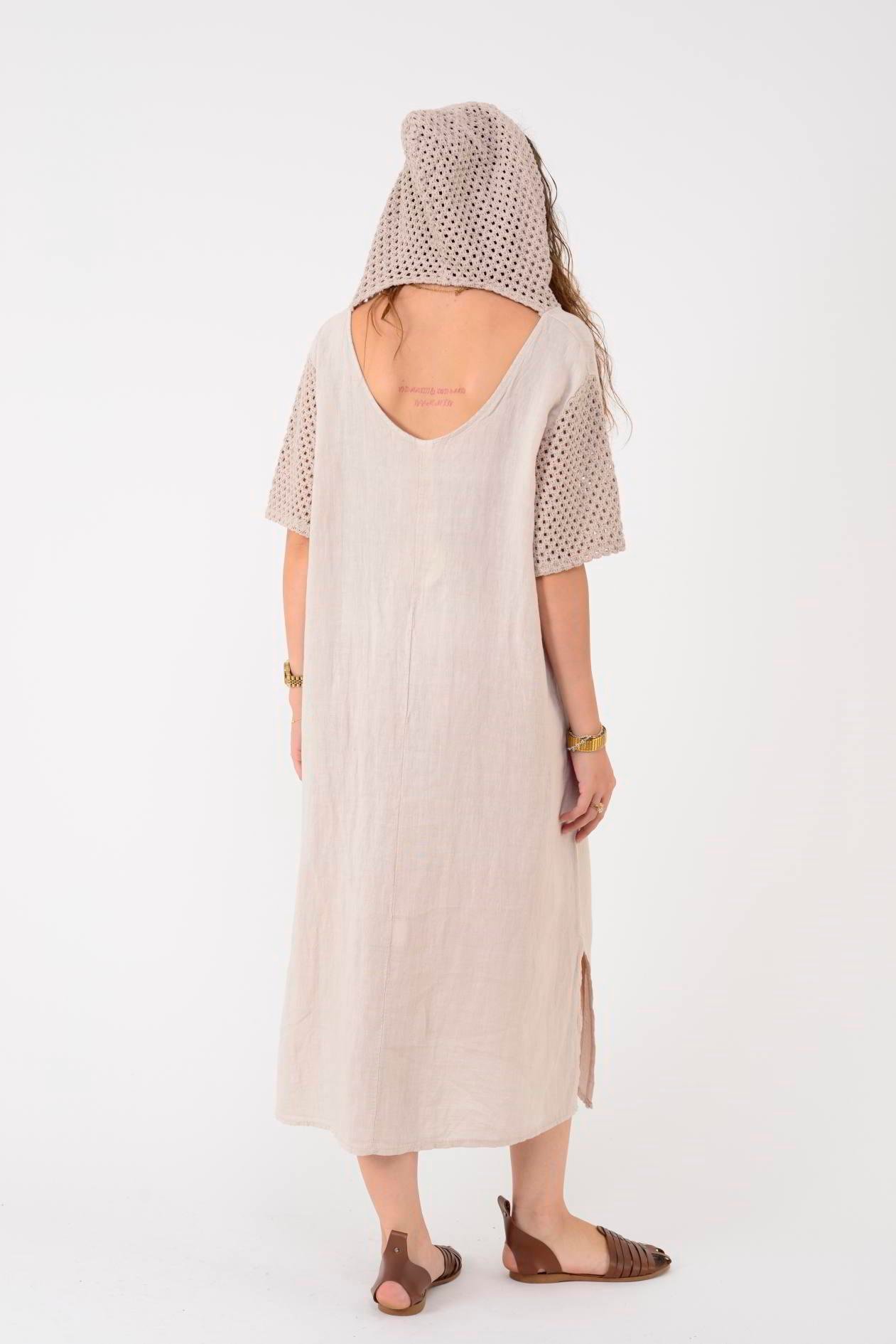 11201 LOVA AJURLU KAPÜŞON DETAYLI KETEN ELBİSE