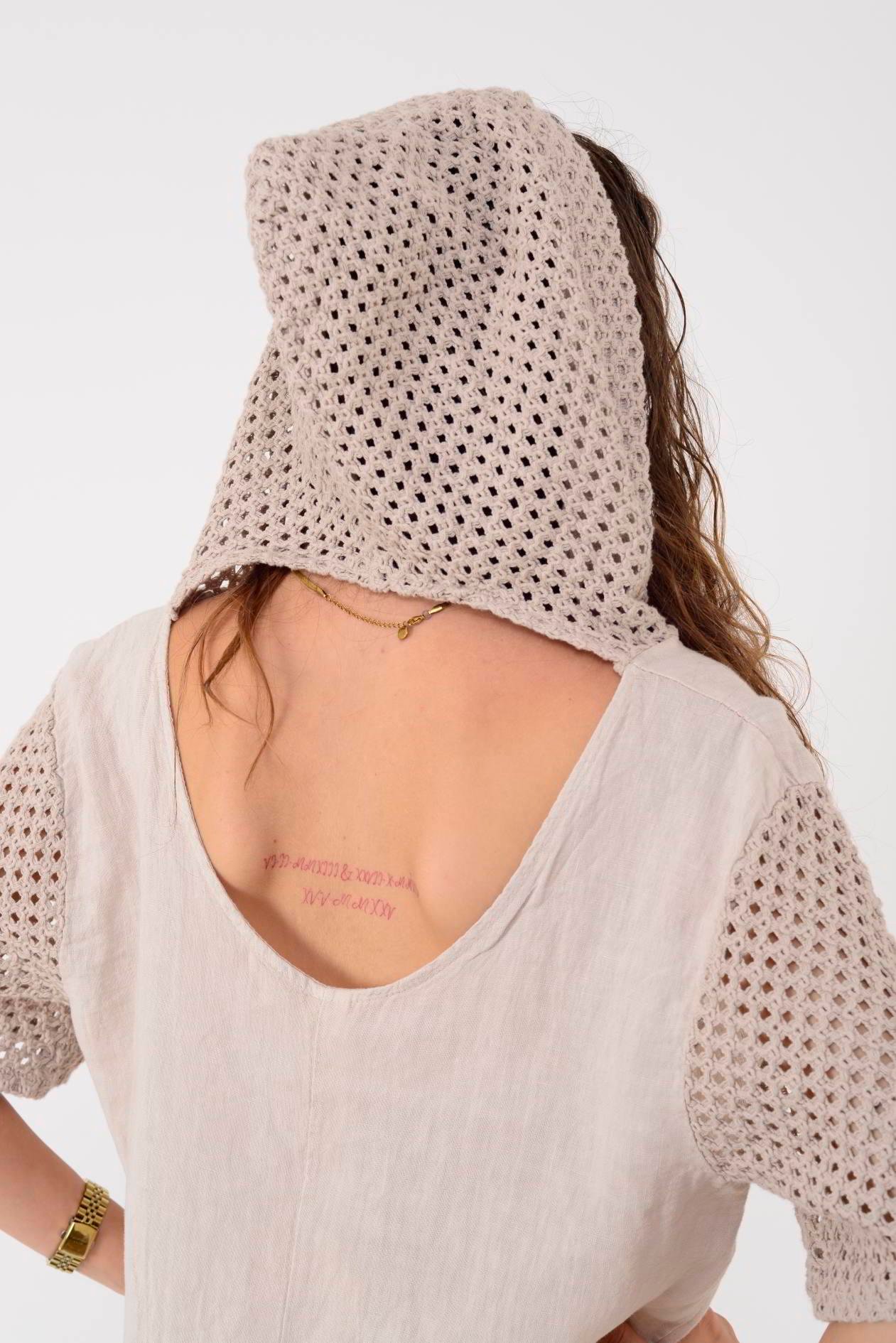 11201 LOVA AJURLU KAPÜŞON DETAYLI KETEN ELBİSE