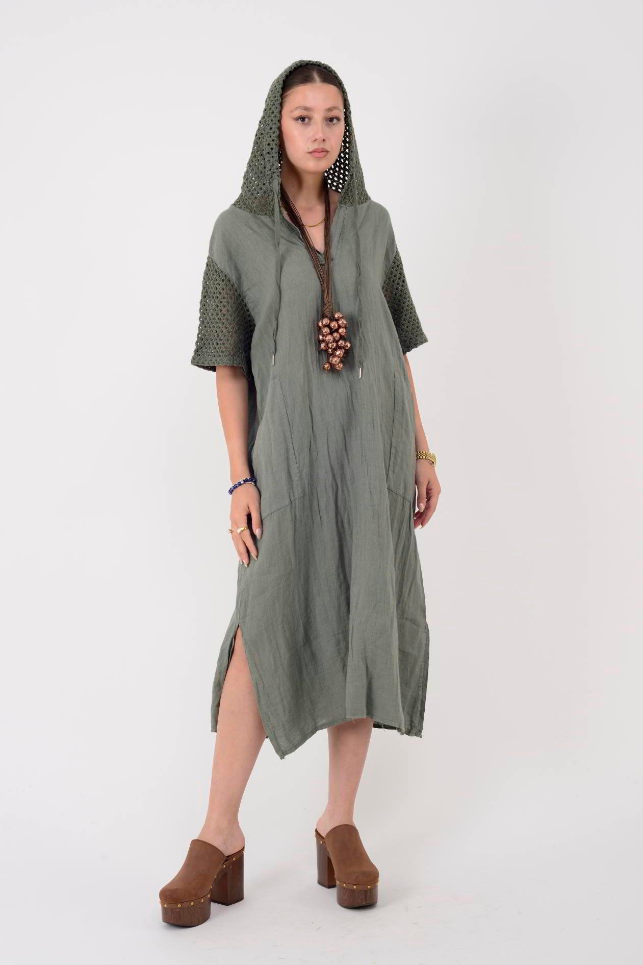 11201 LOVA AJURLU KAPÜŞON DETAYLI KETEN ELBİSE