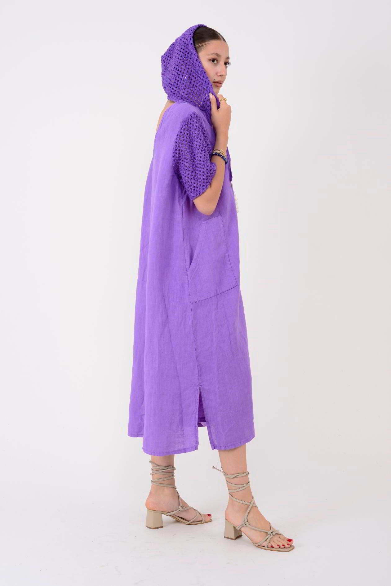 11201 LOVA AJURLU KAPÜŞON DETAYLI KETEN ELBİSE