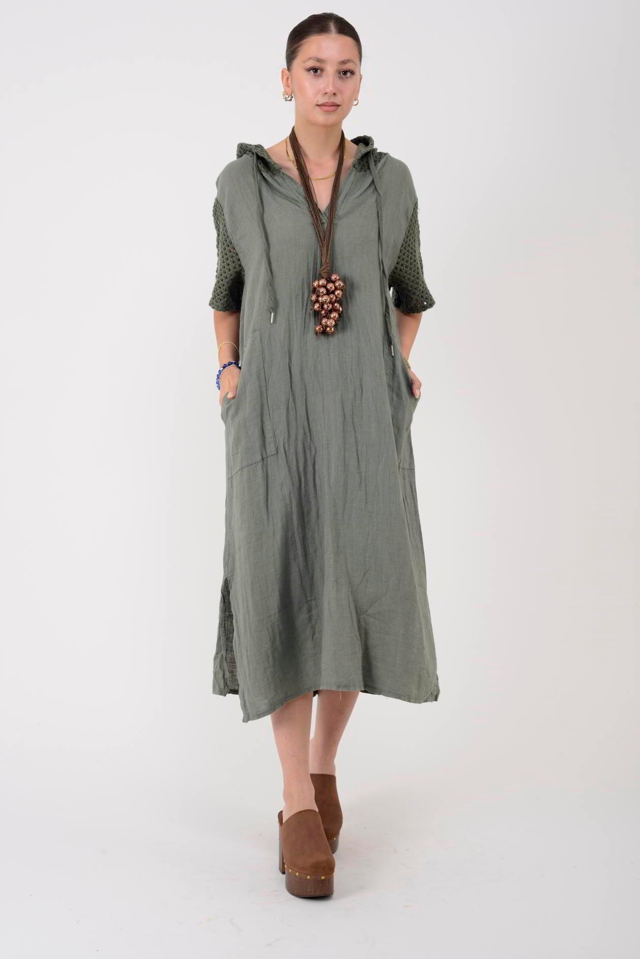 11201 LOVA AJURLU KAPÜŞON DETAYLI KETEN ELBİSE