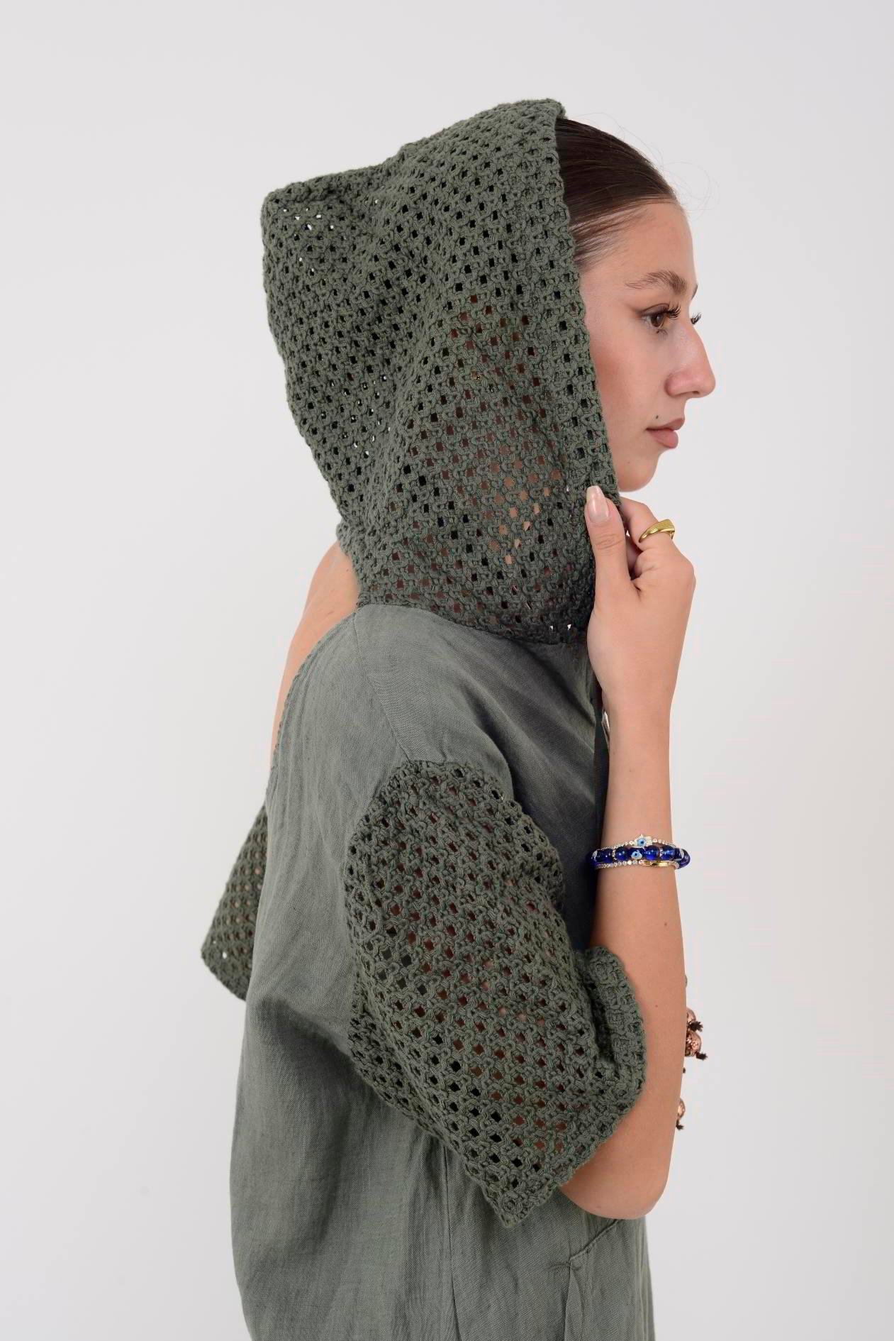 11201 LOVA AJURLU KAPÜŞON DETAYLI KETEN ELBİSE