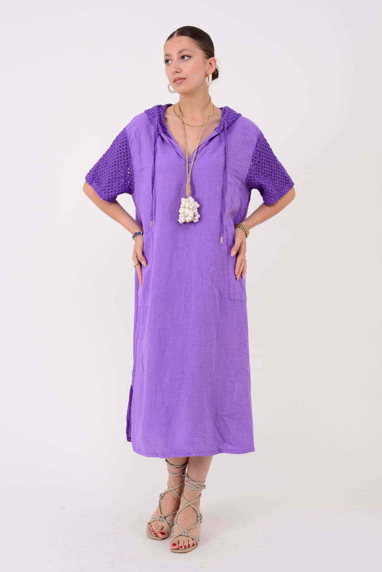 11201 LOVA AJURLU KAPÜŞON DETAYLI KETEN ELBİSE