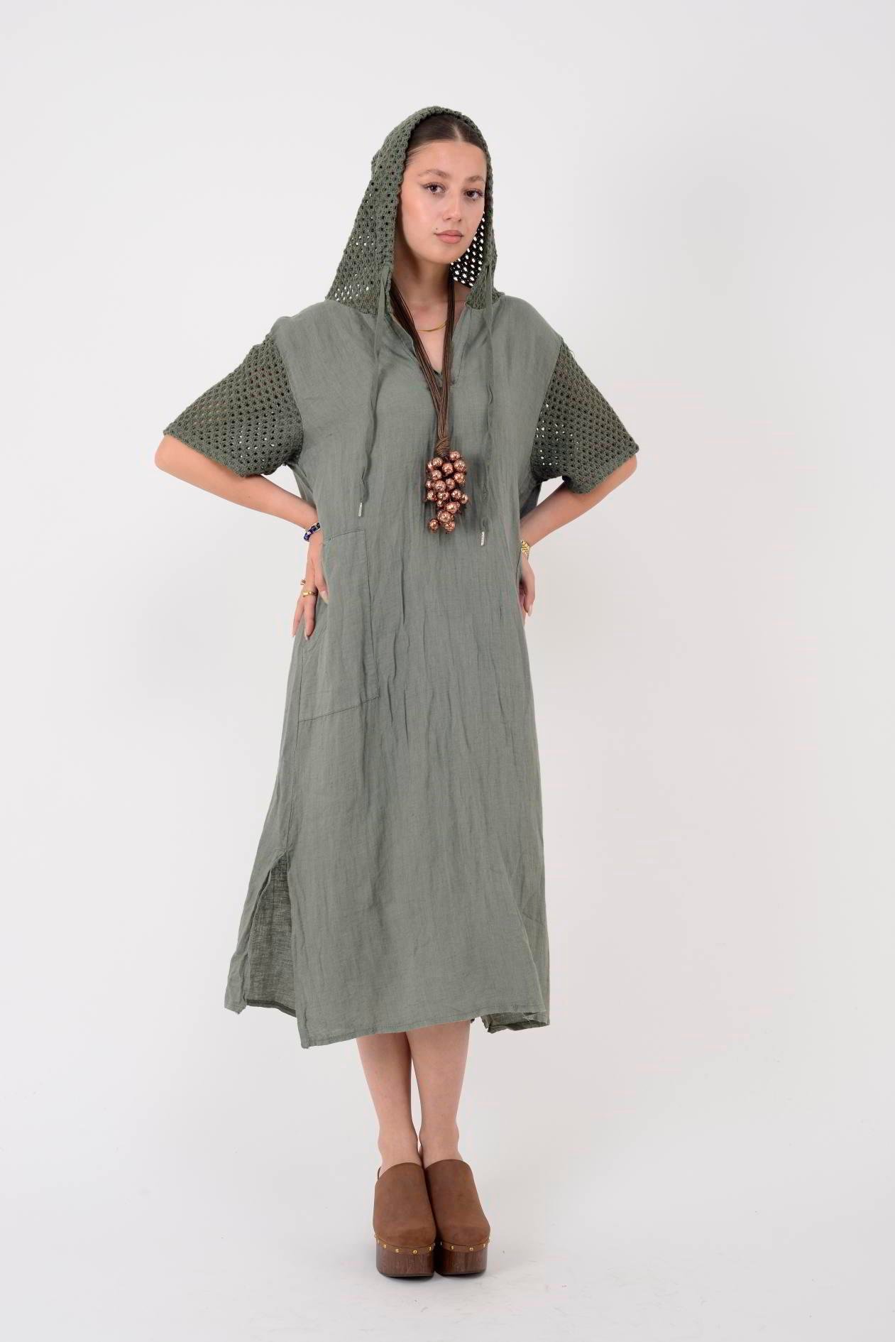 11201 LOVA AJURLU KAPÜŞON DETAYLI KETEN ELBİSE