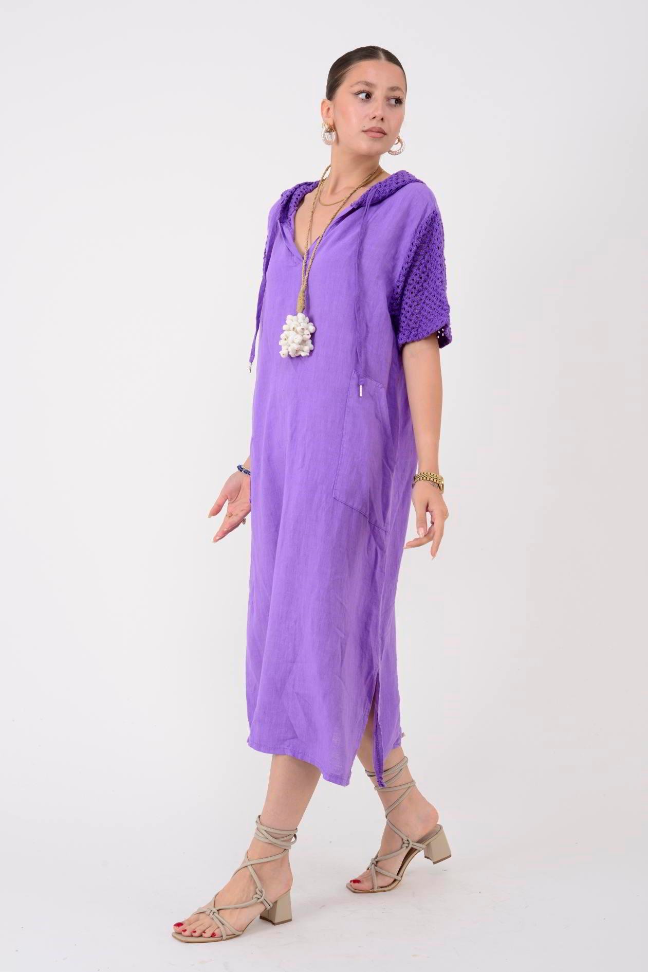 11201 LOVA AJURLU KAPÜŞON DETAYLI KETEN ELBİSE