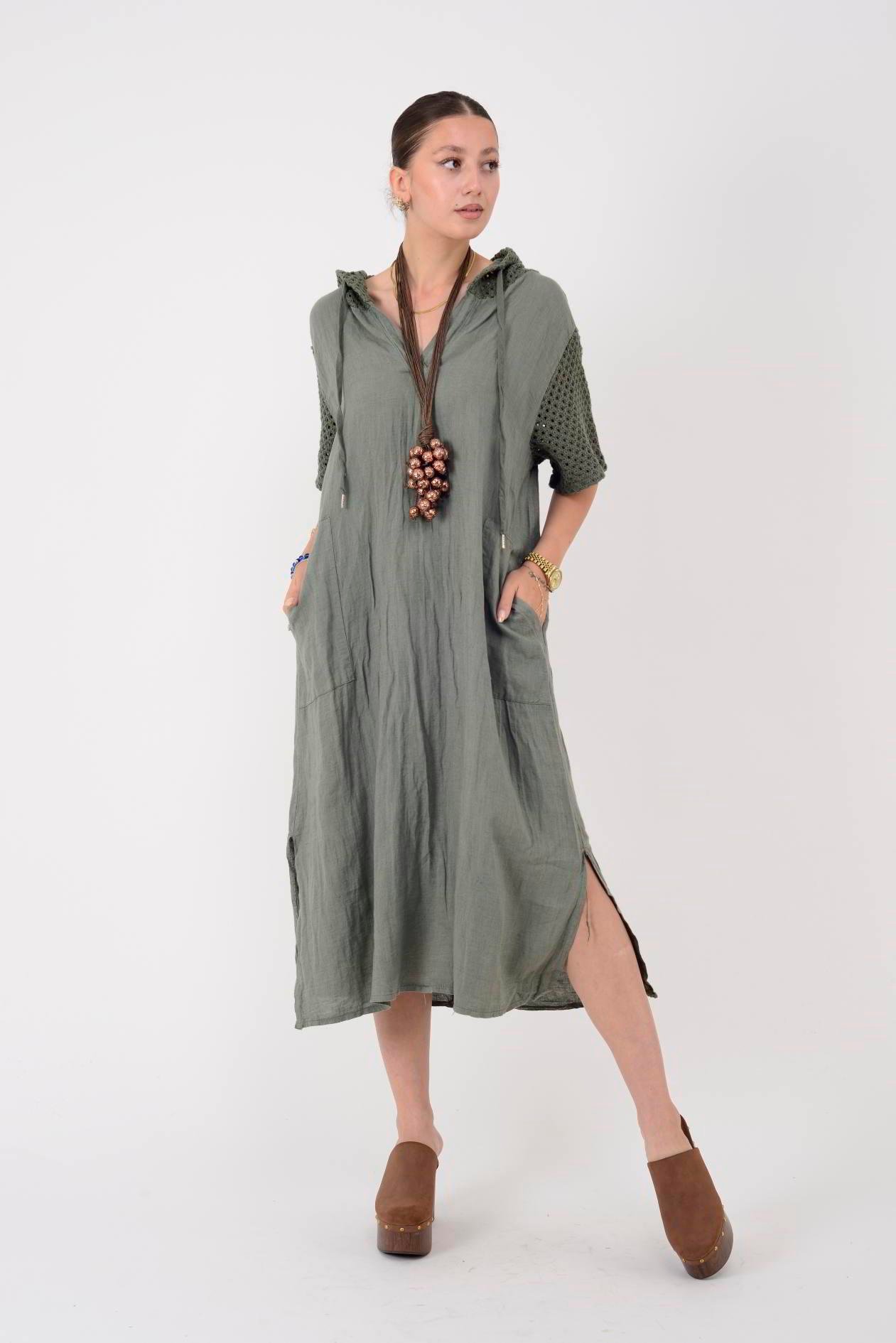 11201 LOVA AJURLU KAPÜŞON DETAYLI KETEN ELBİSE