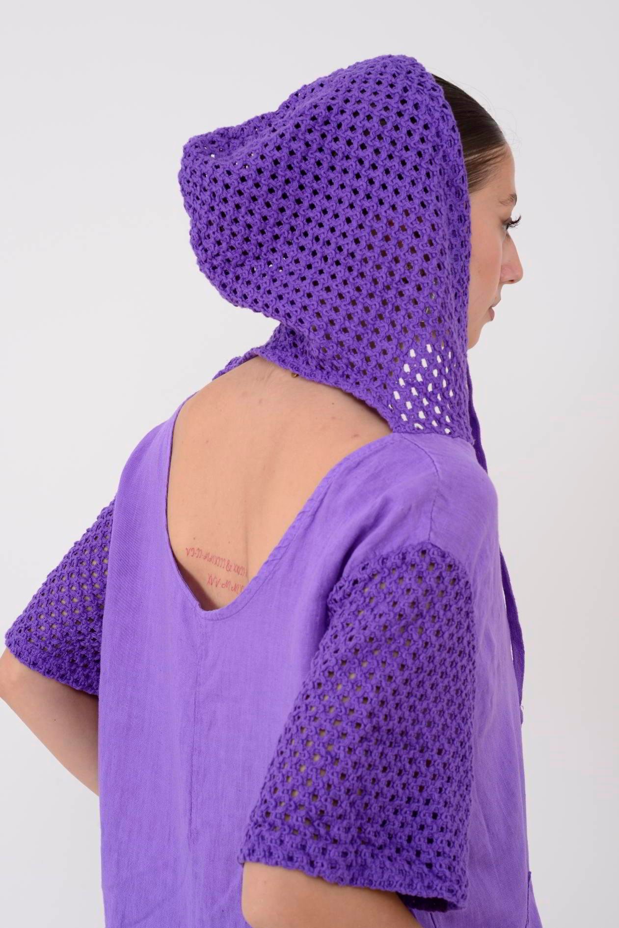 11201 LOVA AJURLU KAPÜŞON DETAYLI KETEN ELBİSE