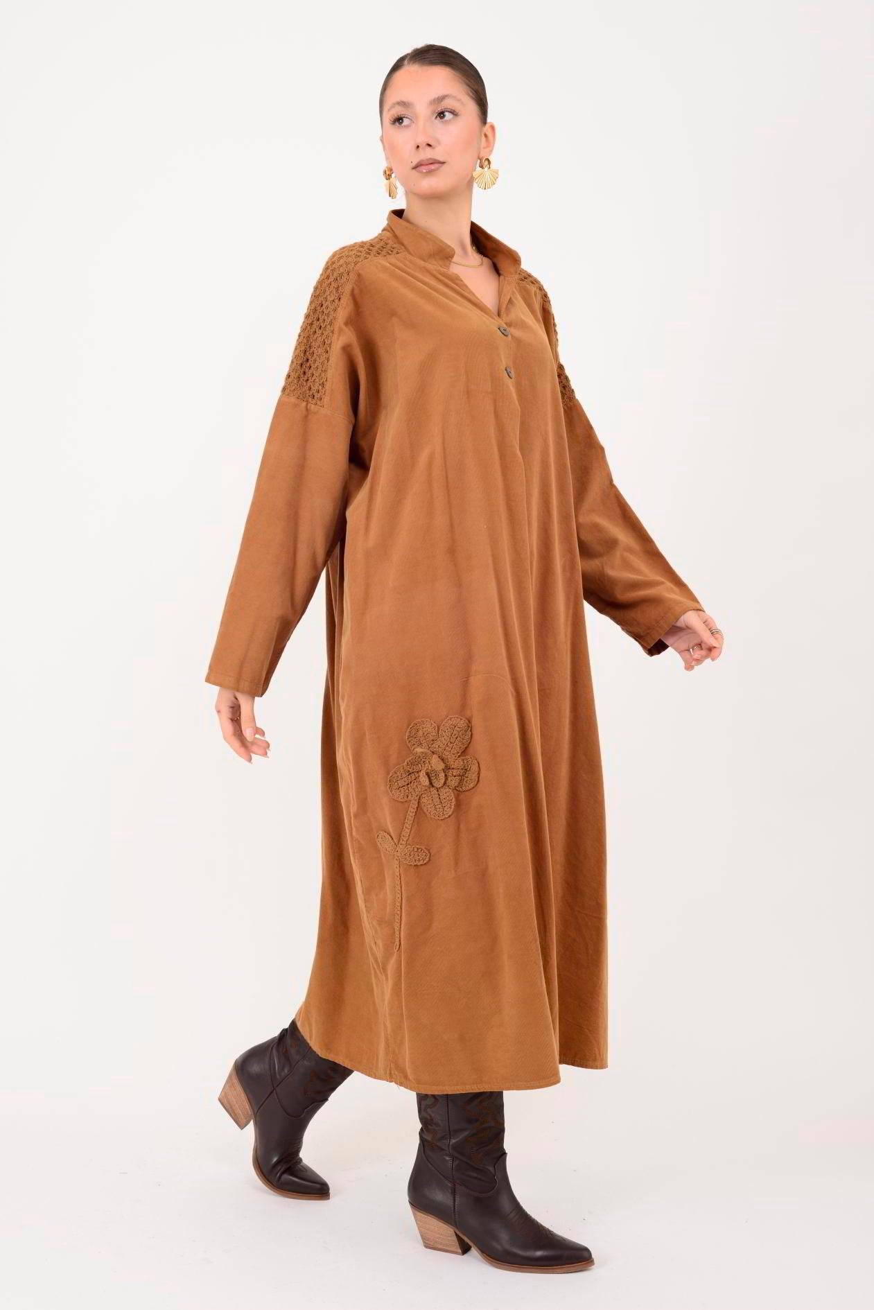 11383 LOVA ÇİÇEK KABARTMALI FİSTO DETAYLI FİTİLLİ KADİFE ELBİSE