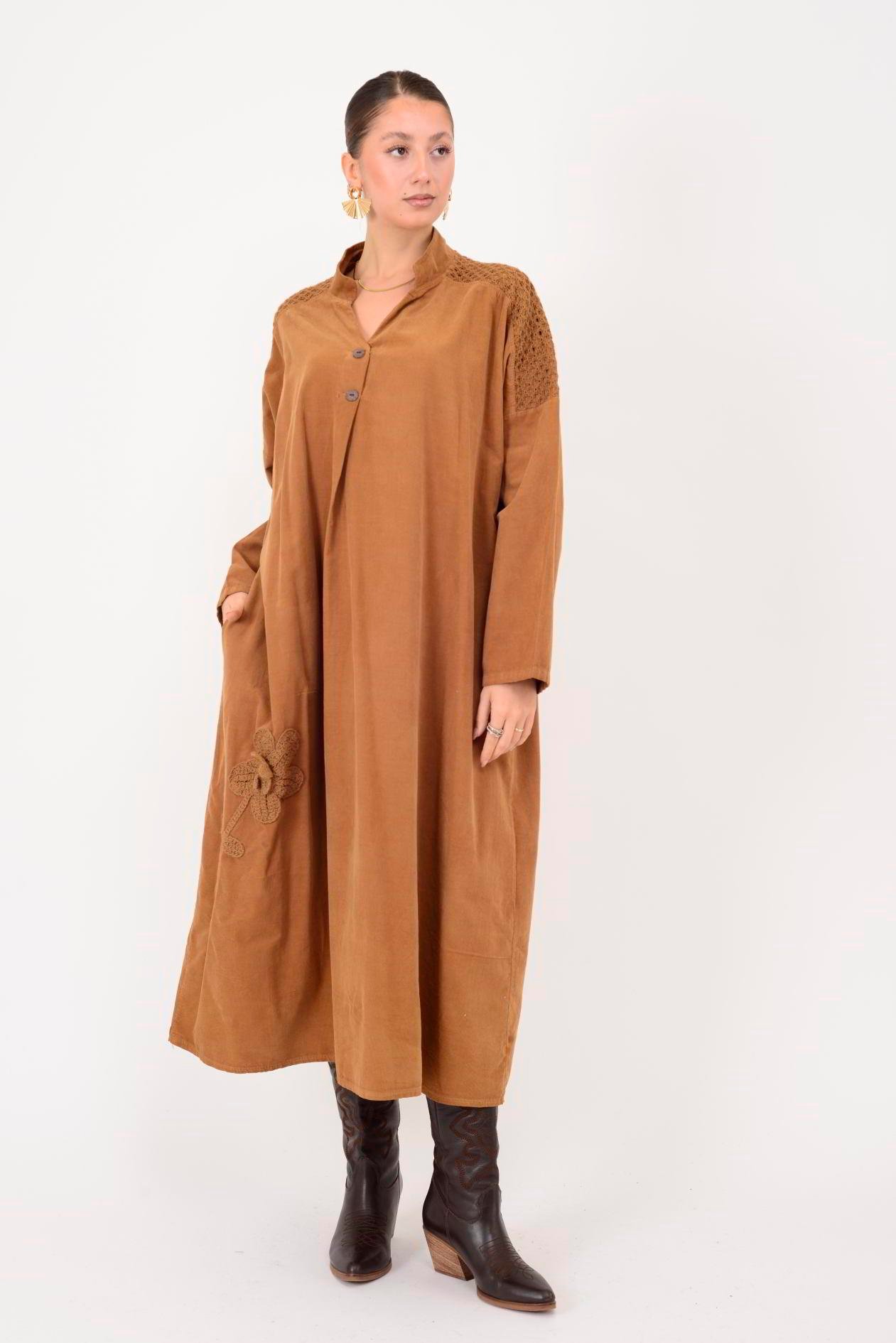 11383 LOVA ÇİÇEK KABARTMALI FİSTO DETAYLI FİTİLLİ KADİFE ELBİSE