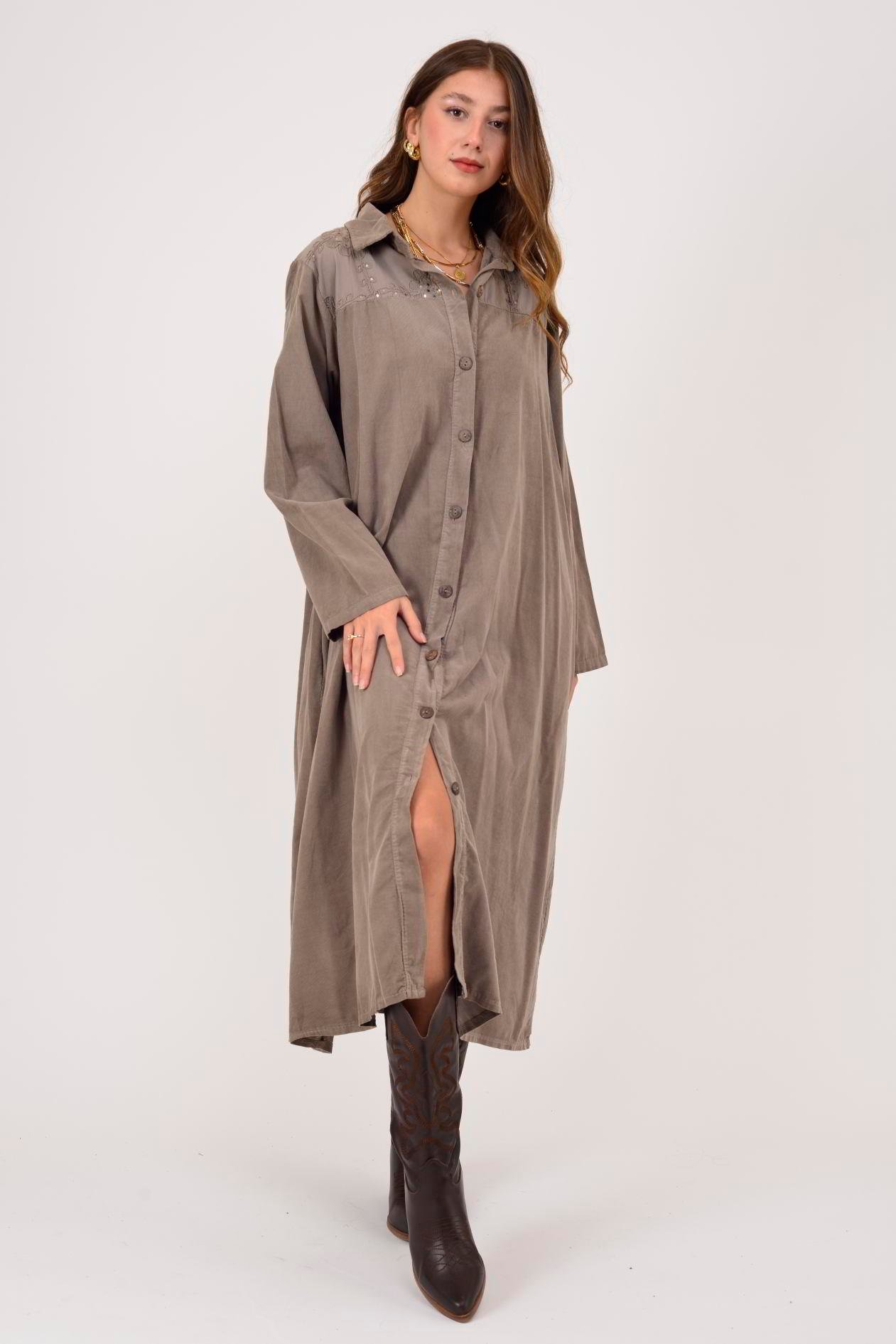 11429 LOVA ÇİÇEK KABARTMALI PUL DETAYLI FİTİLLİ KADİFE ELBİSE